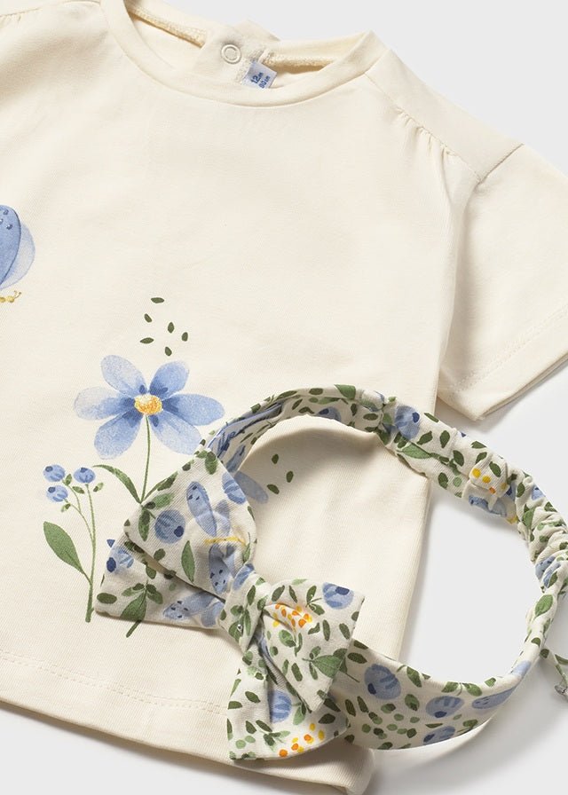 MAGLIETTINA IN COTONE CON FIORI E FASCIA PER CAPELLI CREMA - Noi da piccoli