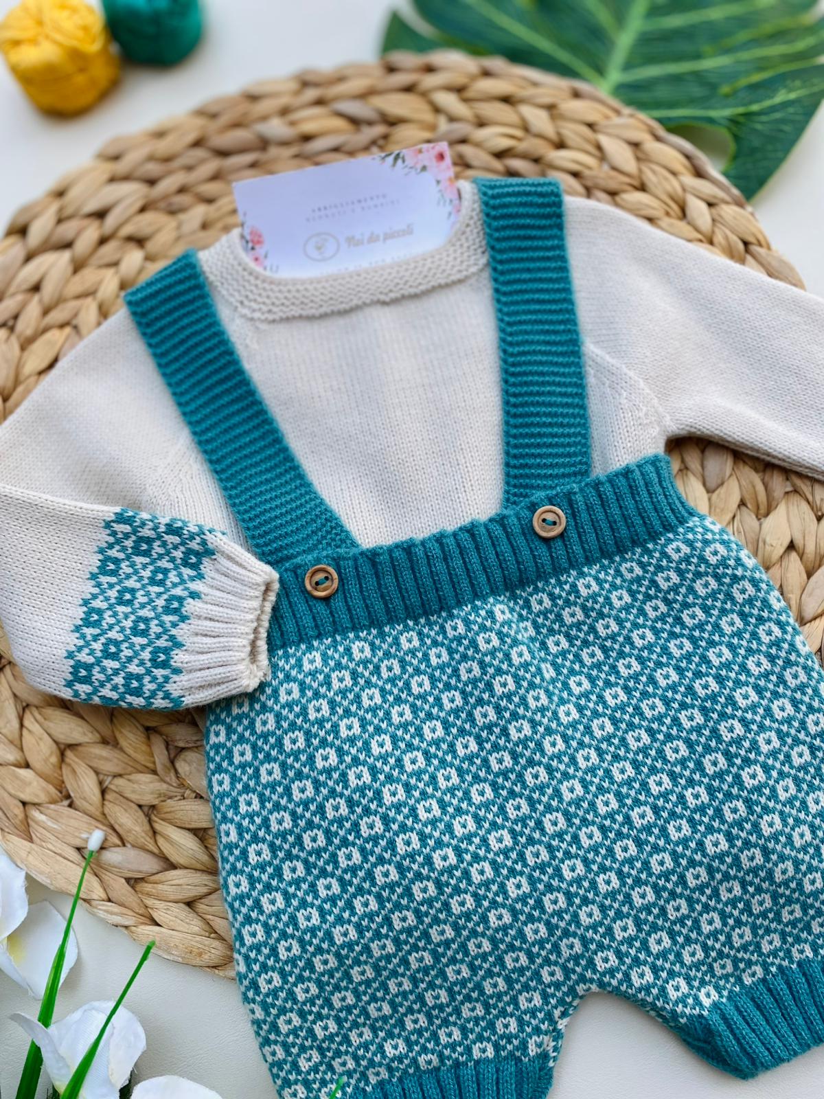 MAGLIETTTINA CON SALOPETTE FILATO CALDO 100% ACRILICO VERDE PETROLIO - Noi da piccoli