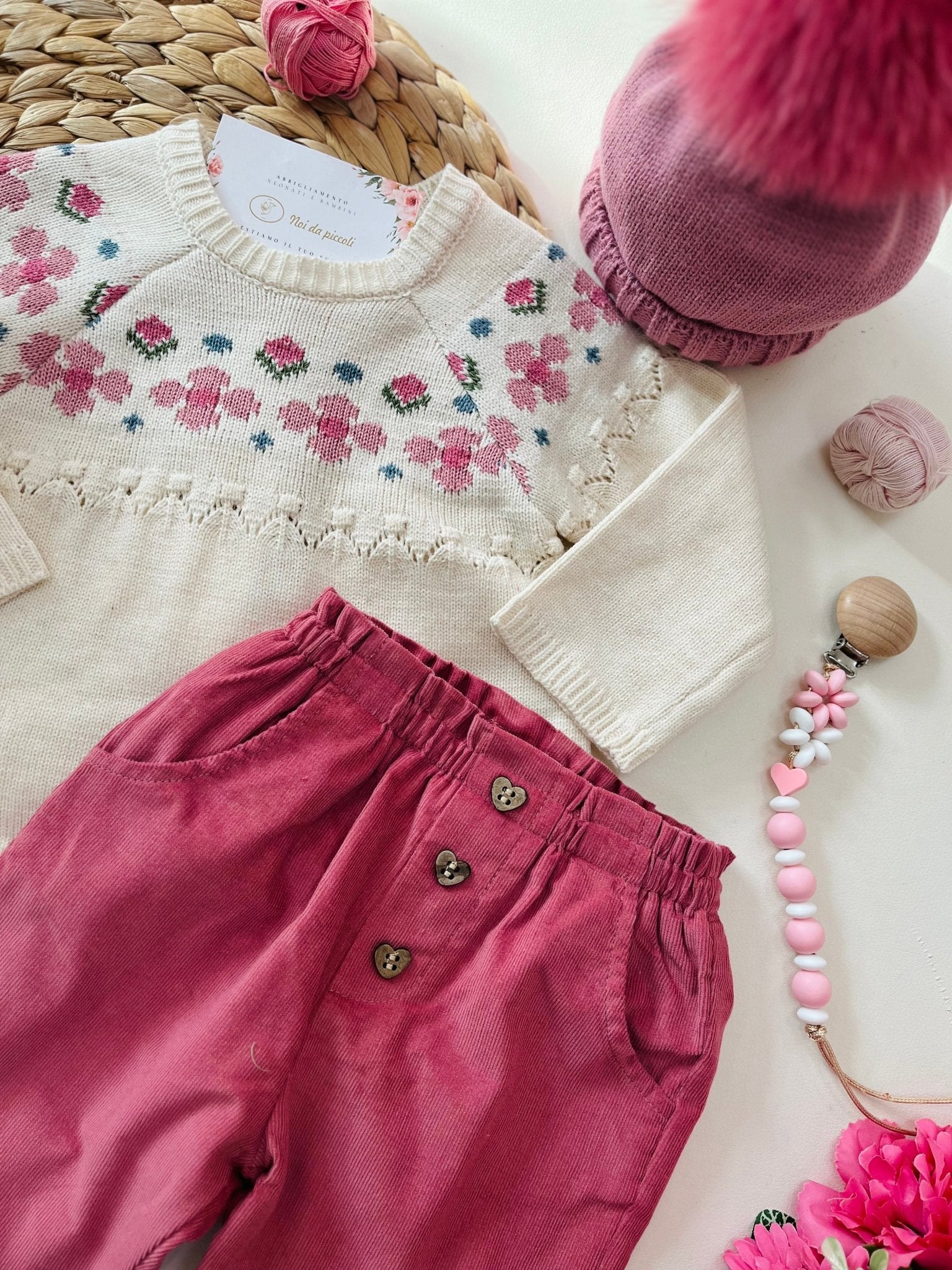 MAGLIONCINO CON PANTALONE IN VELLLUTO ROSA - Noi da piccoli