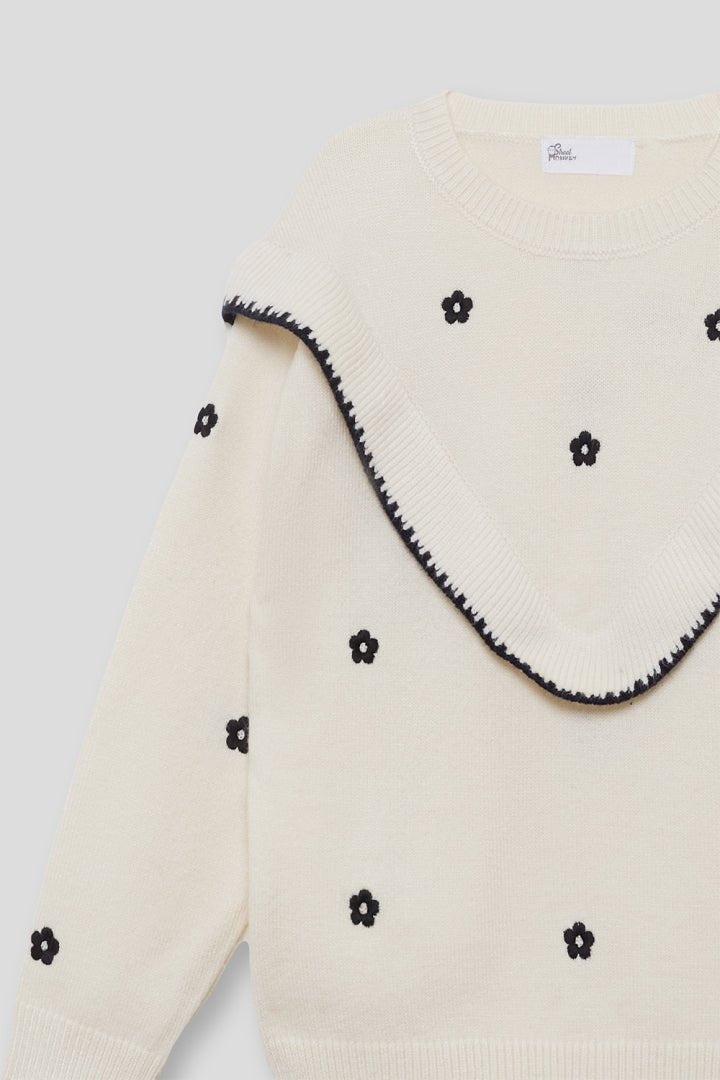 MAGLIONE IN FILATO CALDO CON COLLETTO E FIORELLINI PANNA - Noi da piccoli
