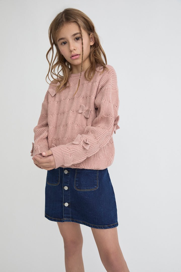 MAGLIONE IN FILATO CALDO CON FIOCCHETTI ROSA - Noi da piccoli