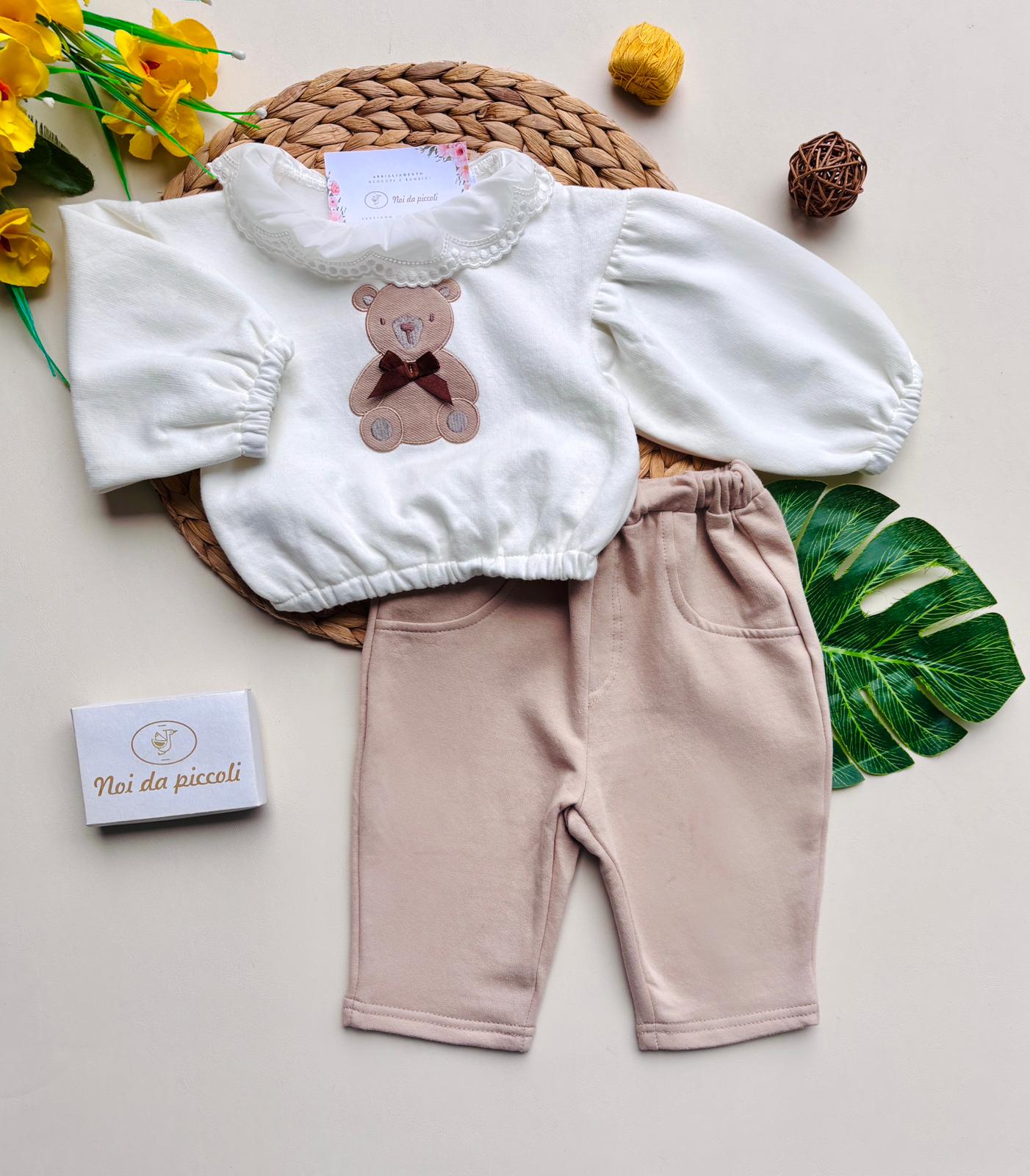 COMPLETO 2PZ CON ORSETTO IN FELPA BEIGE E PANNA