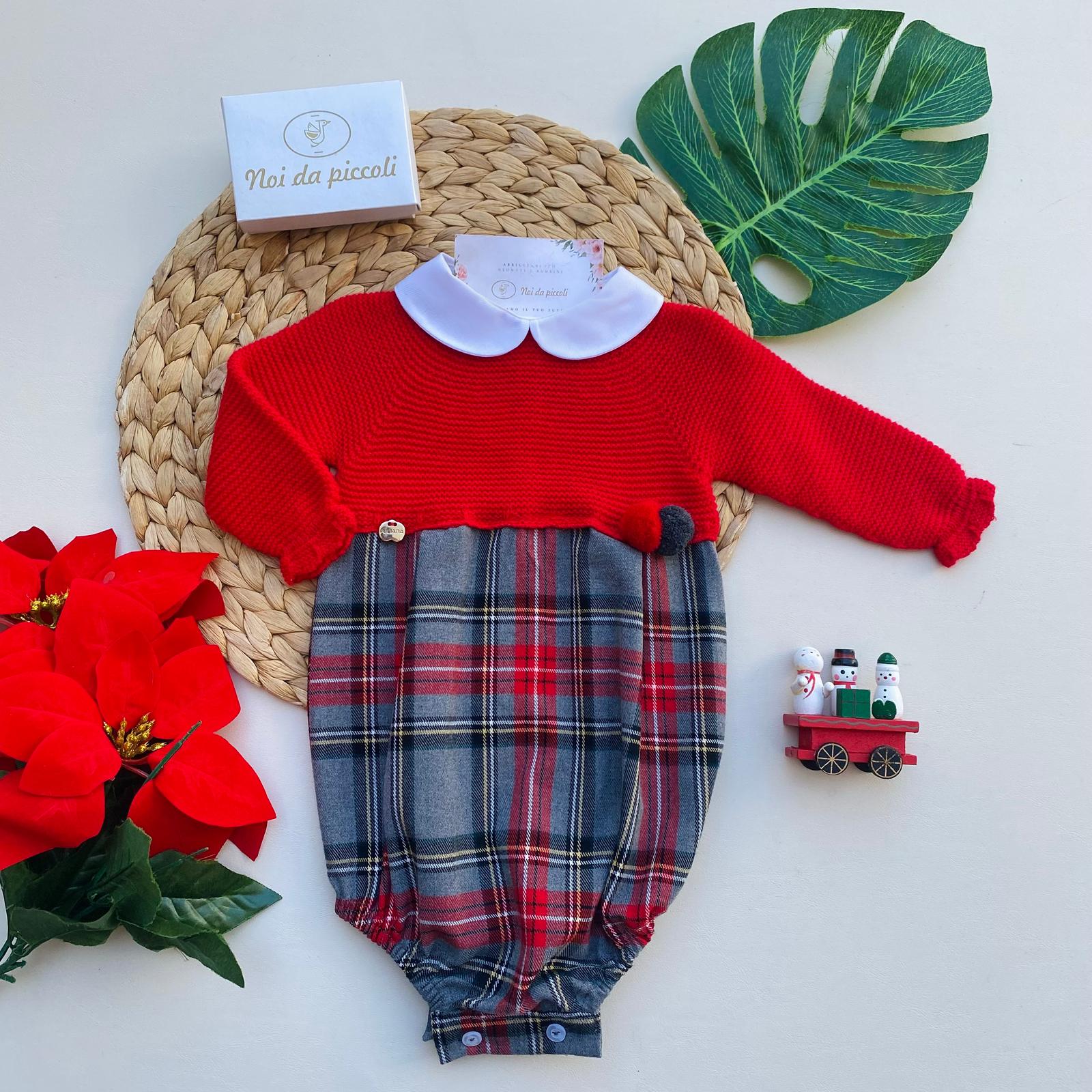 PAGLIACCETTO A QUADRONI CON COLLETTO BIANCO FILATO CALDO ROSSO NATALIZIO - Noi da piccoli