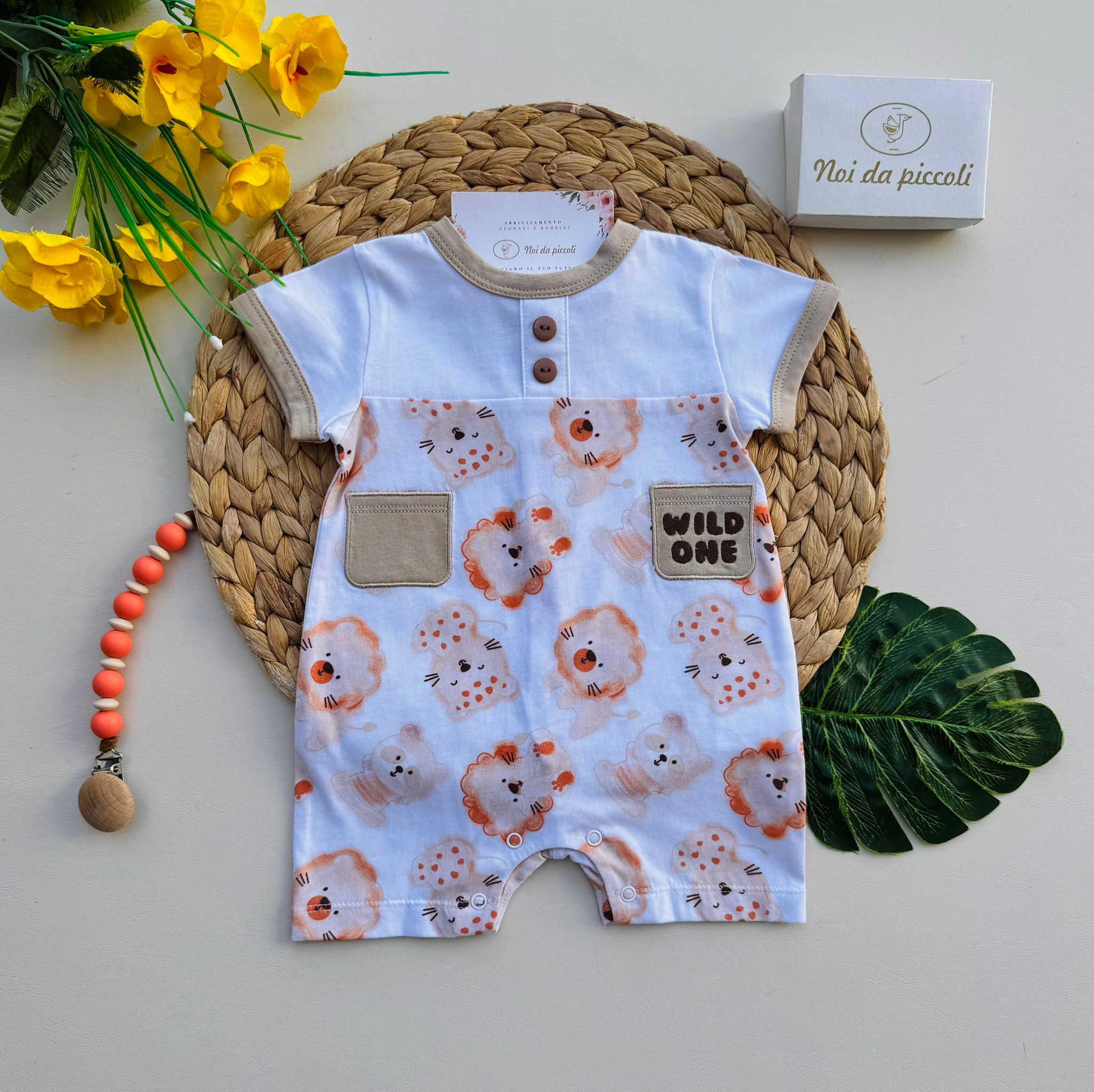 PAGLIACCETTO IN COTONE CON LEONCINI BIANCO BEIGE - Noi da piccoli