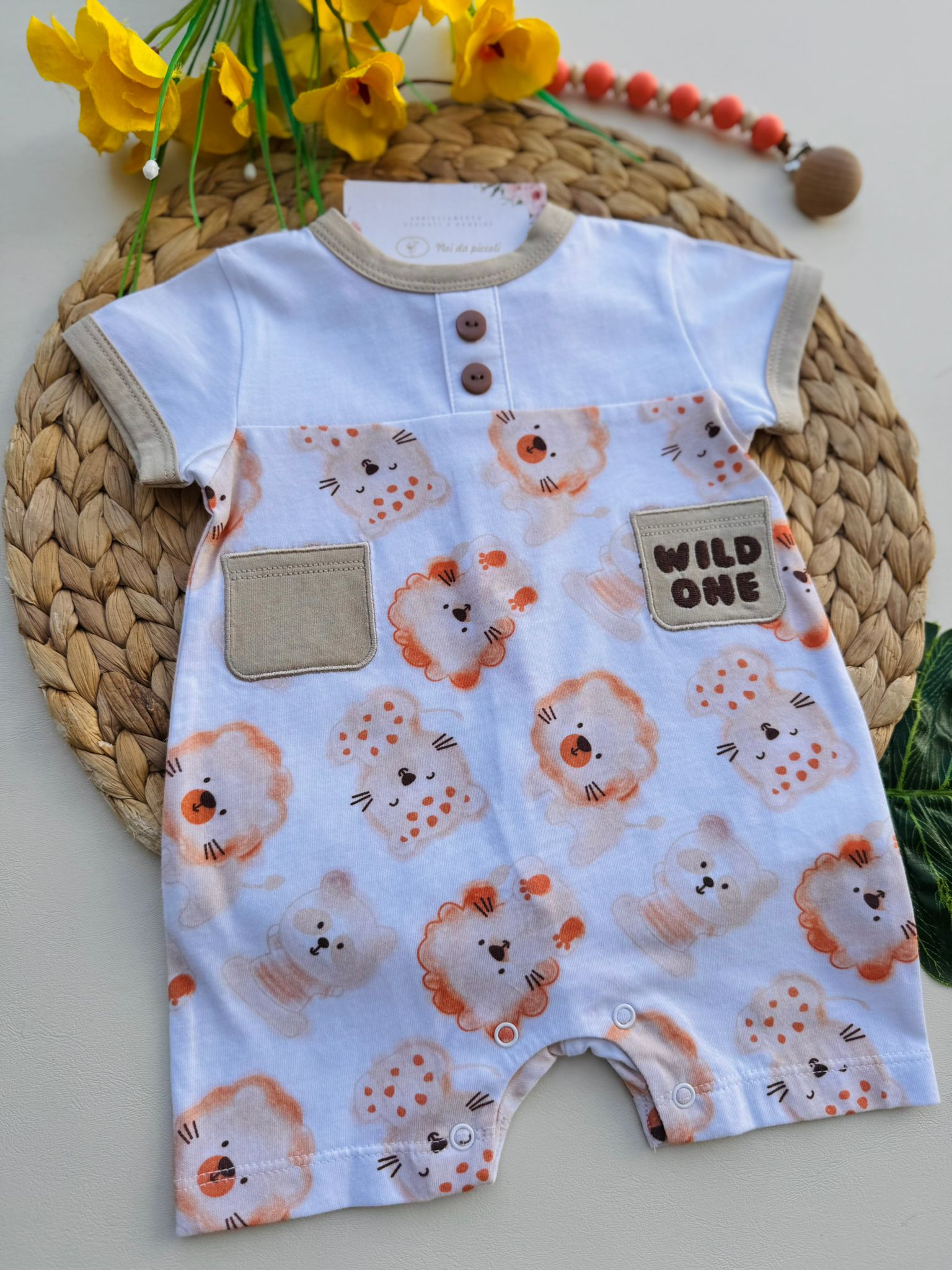 PAGLIACCETTO IN COTONE CON LEONCINI BIANCO BEIGE - Noi da piccoli