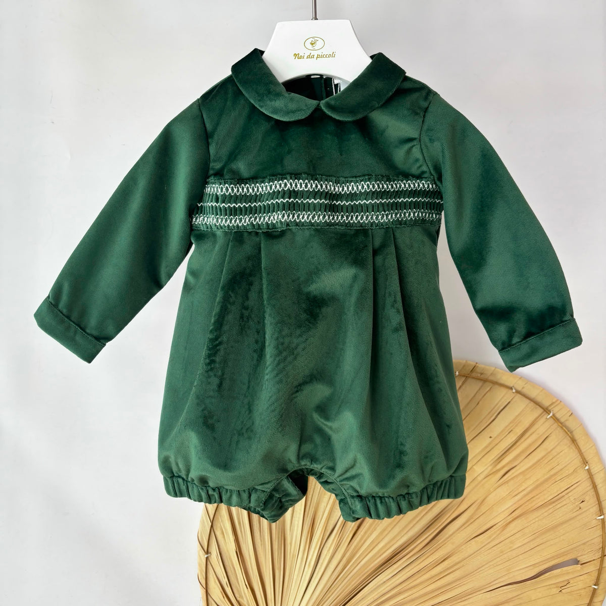GREEN VELVET ROMPER WITH SMOCKING