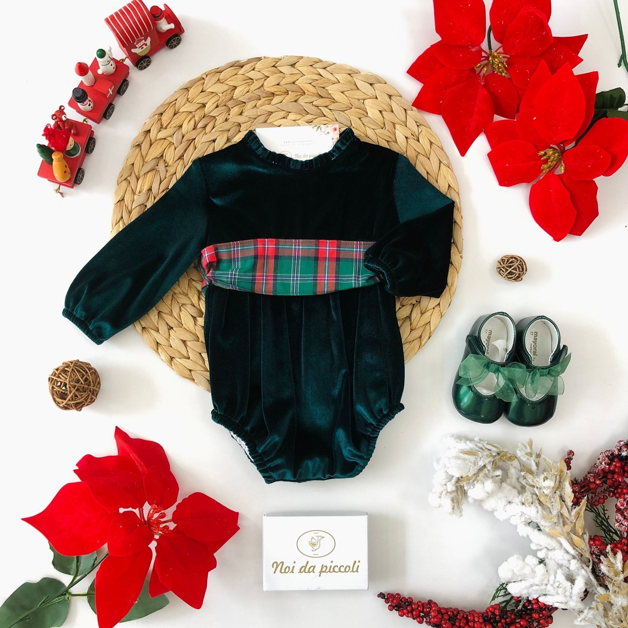 PAGLIACCETTO VELLUTO VERDE CON FASCIA TARTAN - Noi da piccoli