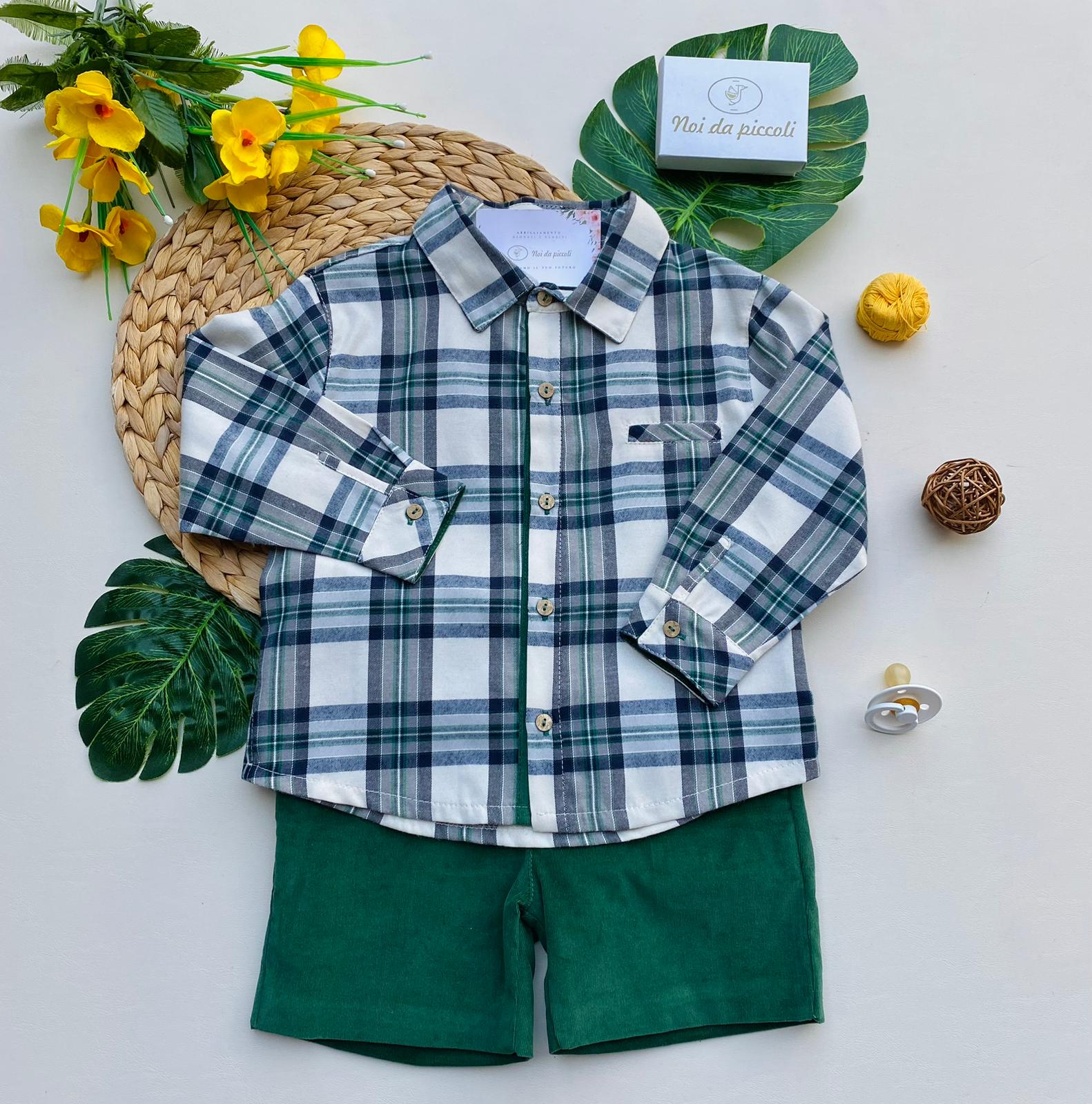 PANTALONCINO CON CAMICIA 100% CALDO COTONE VERDE QUADRONI - Noi da piccoli