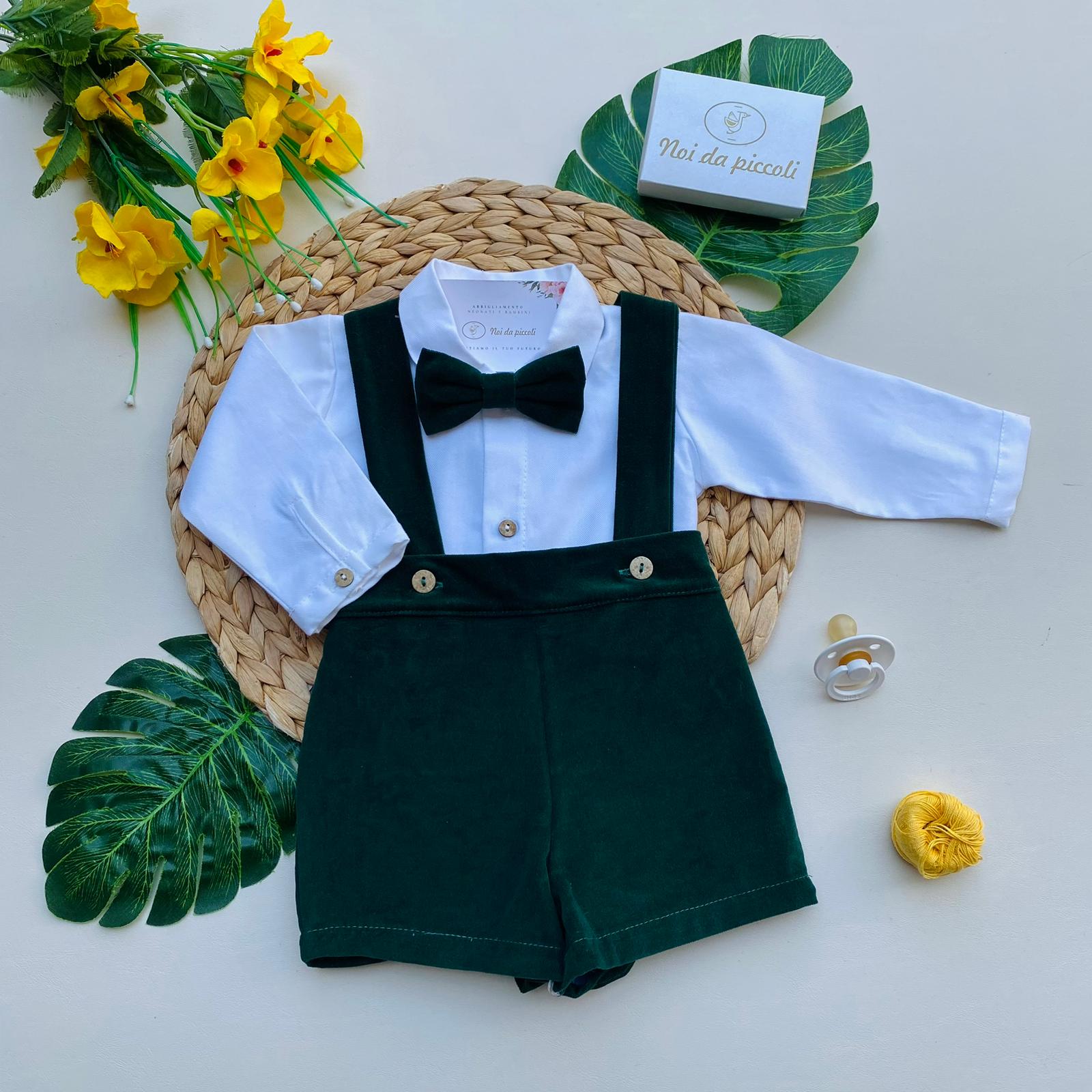 PANTALONCINO CON CAMICINA E PAPILLON 100% CALDO COTONE VERDE BOTTIGLIA - Noi da piccoli