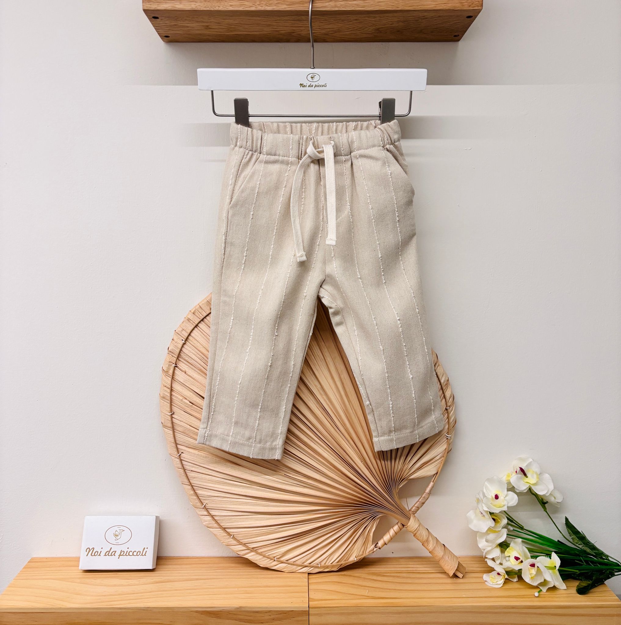 PANTALONE IN COTONE A RIGHE BEIGE - Noi da piccoli