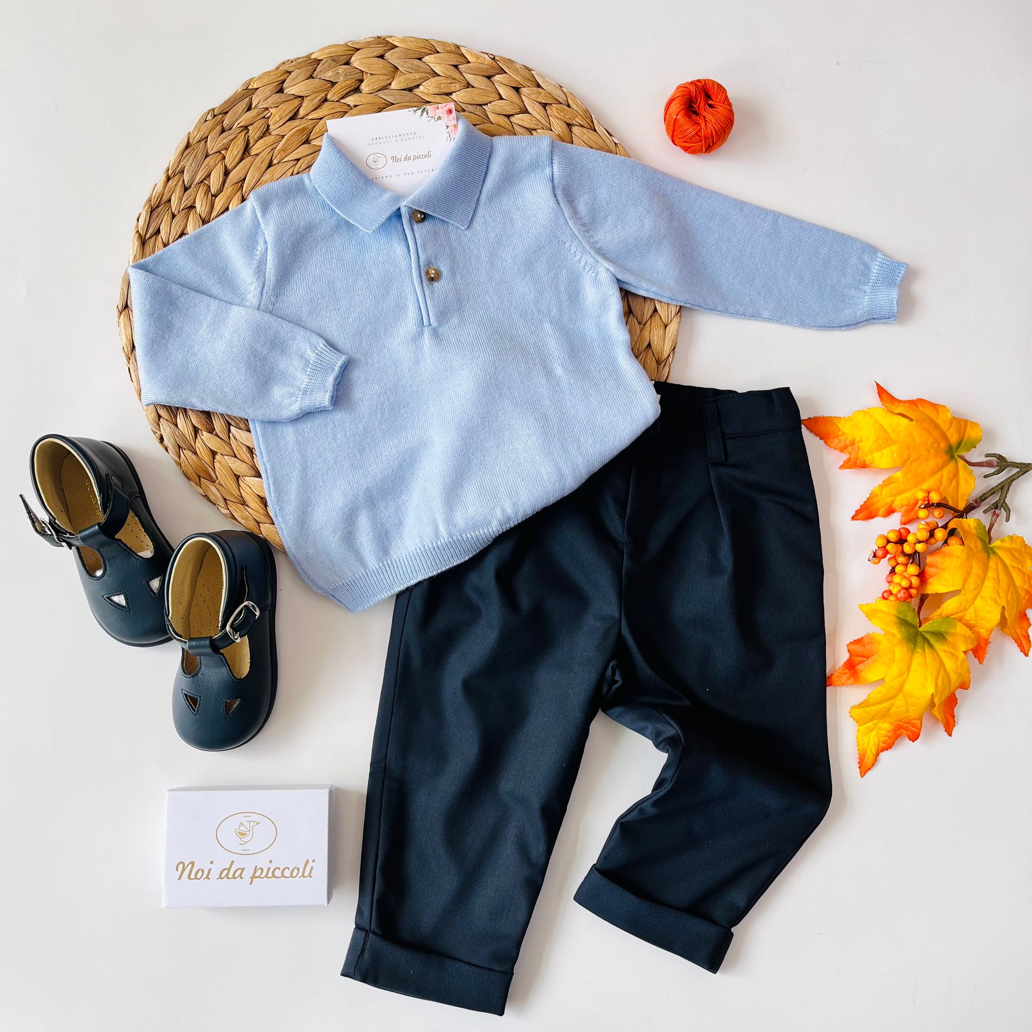 POLO IN LANA VERGINE E PANTALONE CLASSICO CELESTE E BLU - Noi da piccoli