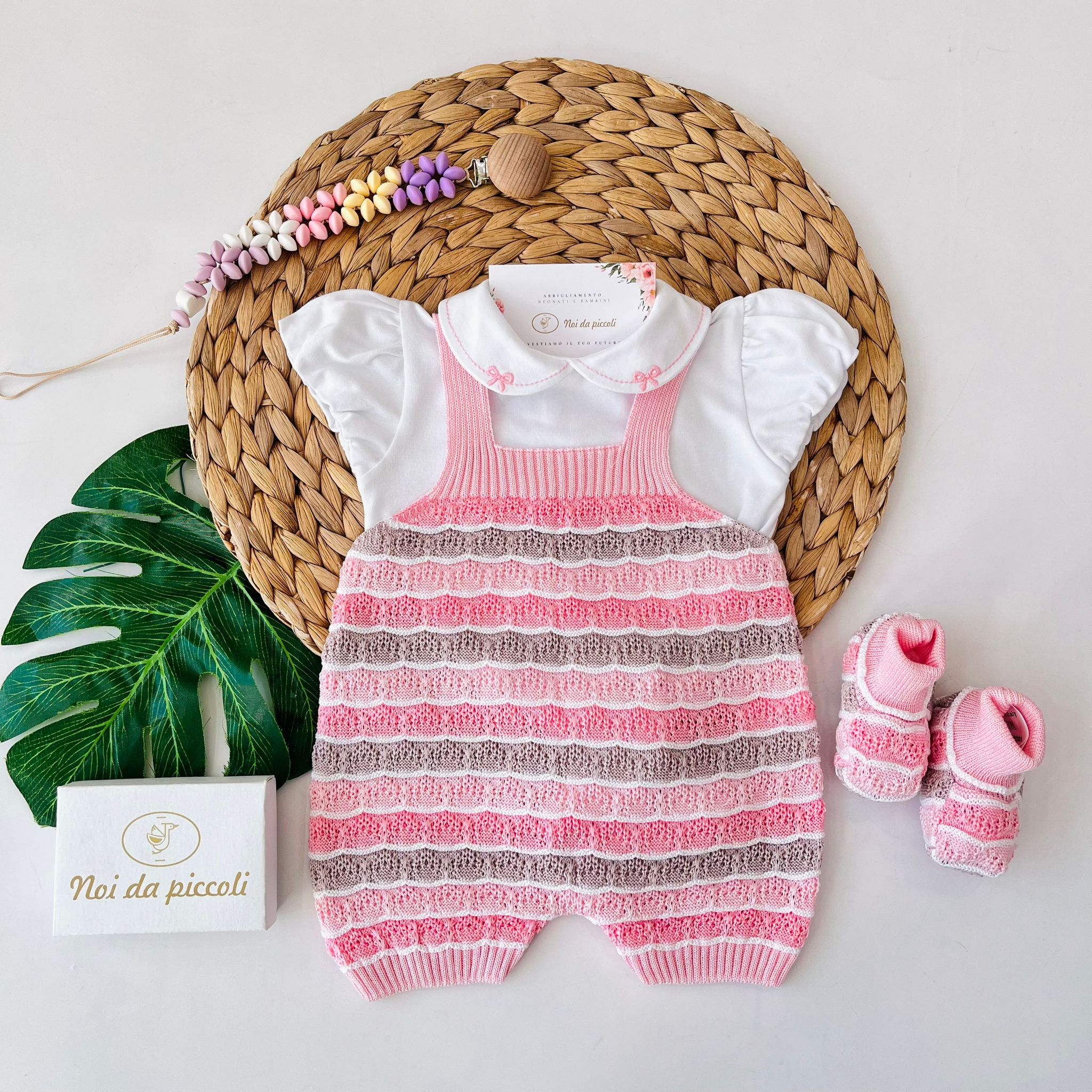 SALOPETTE CON BABBUCCE 100% FILO DI COTONE ROSA MULTICOLOR - Noi da piccoli