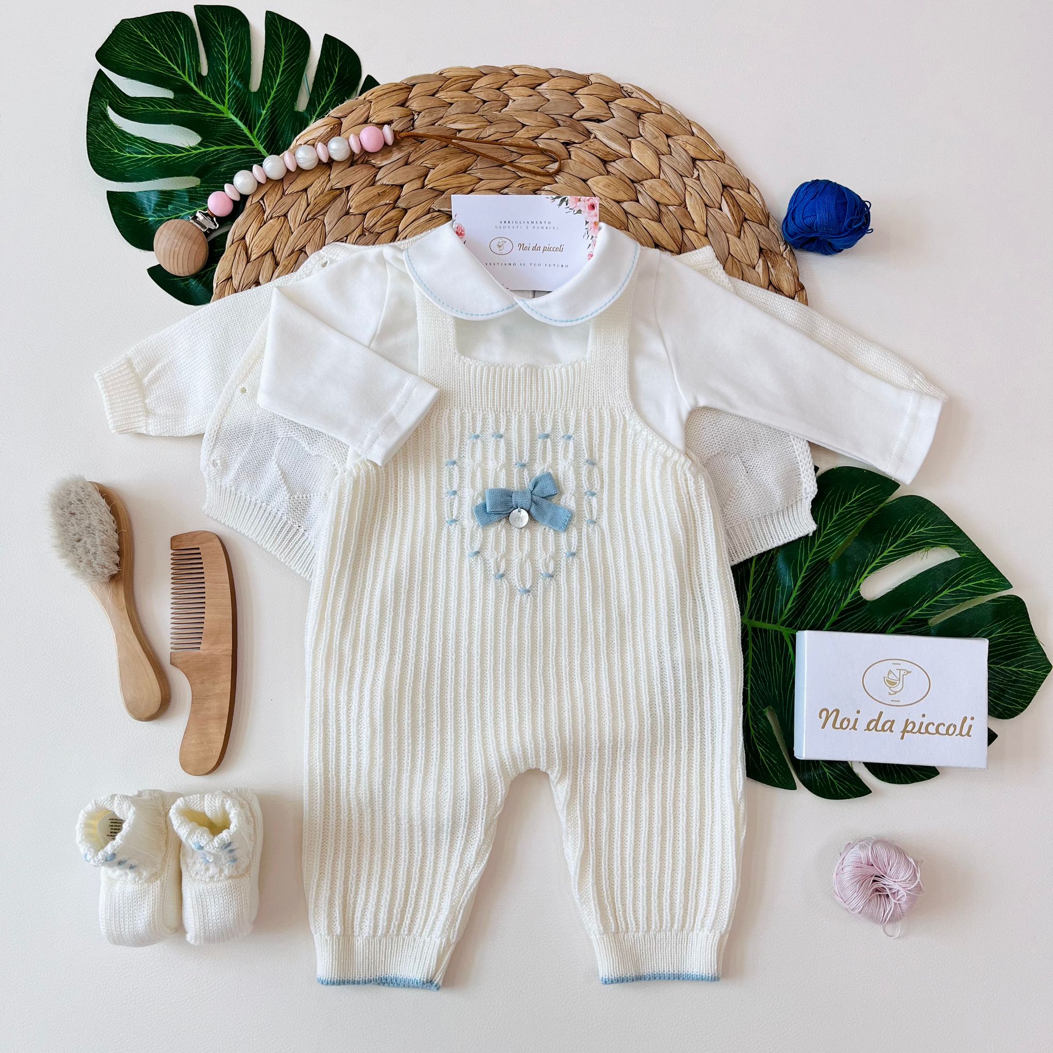 SALOPETTE CON BABBUCCE 100% LANA VANIGLIA ACQUA MARINA - Noi da piccoli