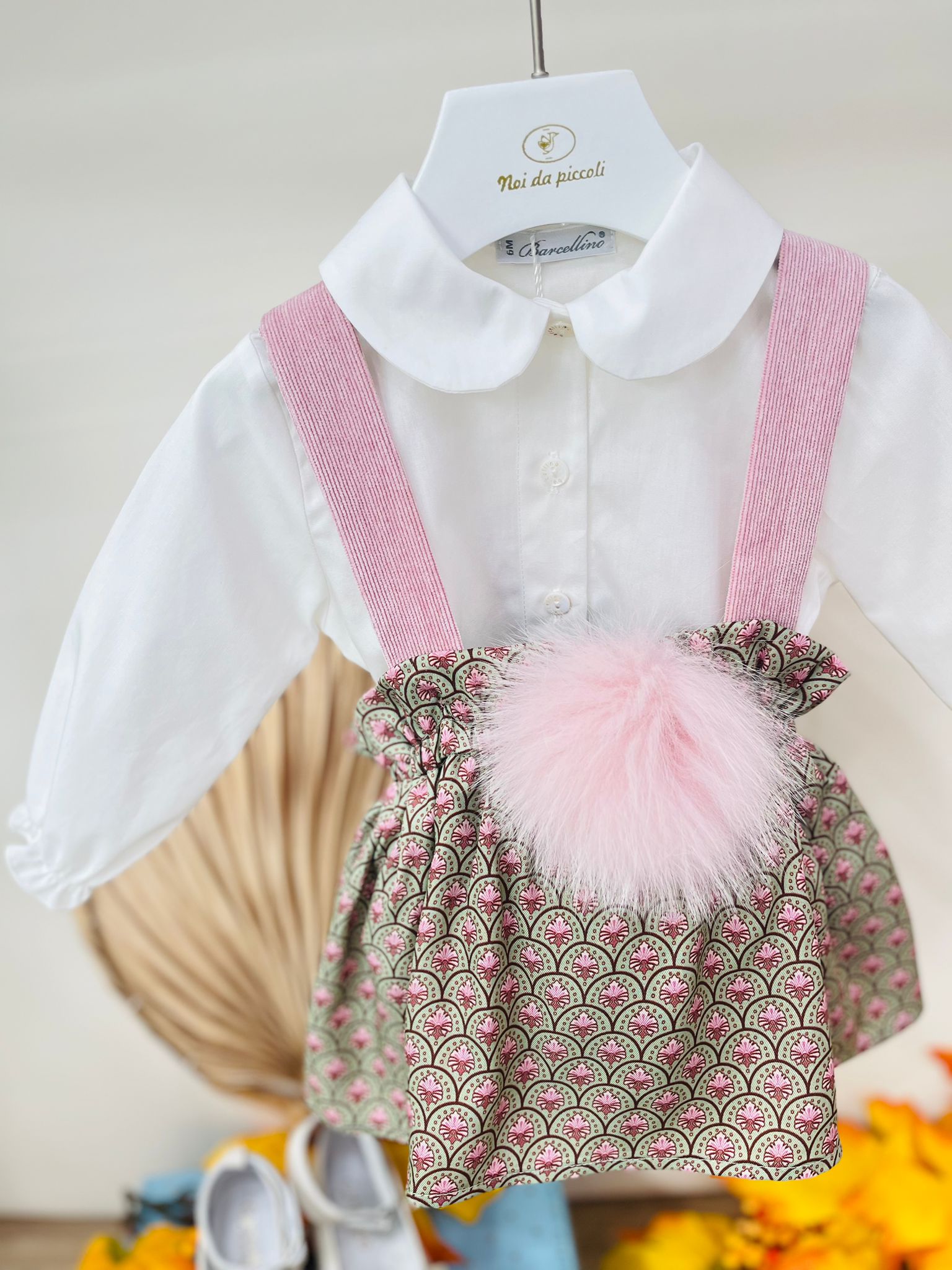 SALOPETTE CON BODY SCALLOP FLORALE COTONE CALDO VERDE E MALVA - Noi da piccoli