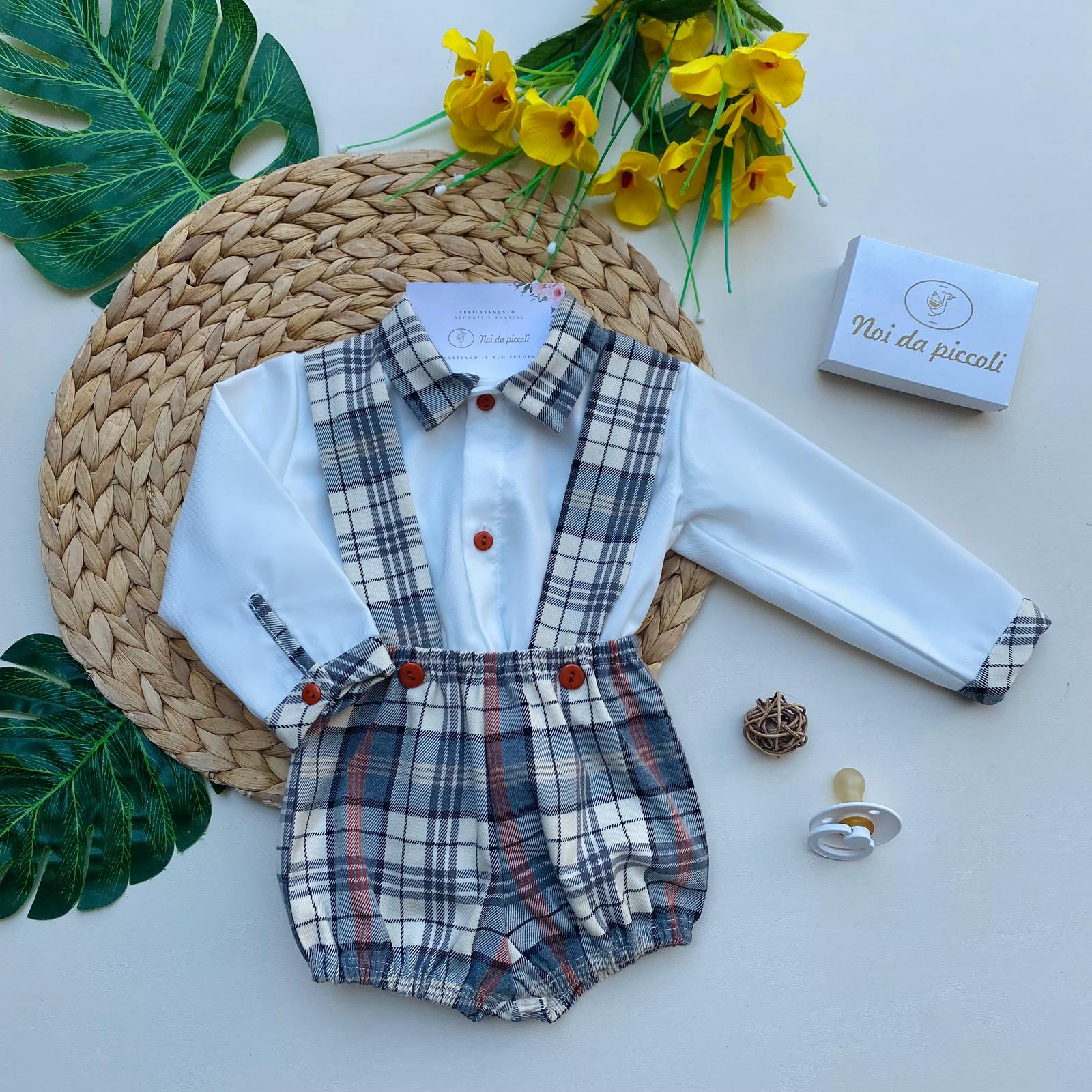 SALOPETTE CON CAMICIA A QUADRONI FILATO CALDO RUGGINE - Noi da piccoli