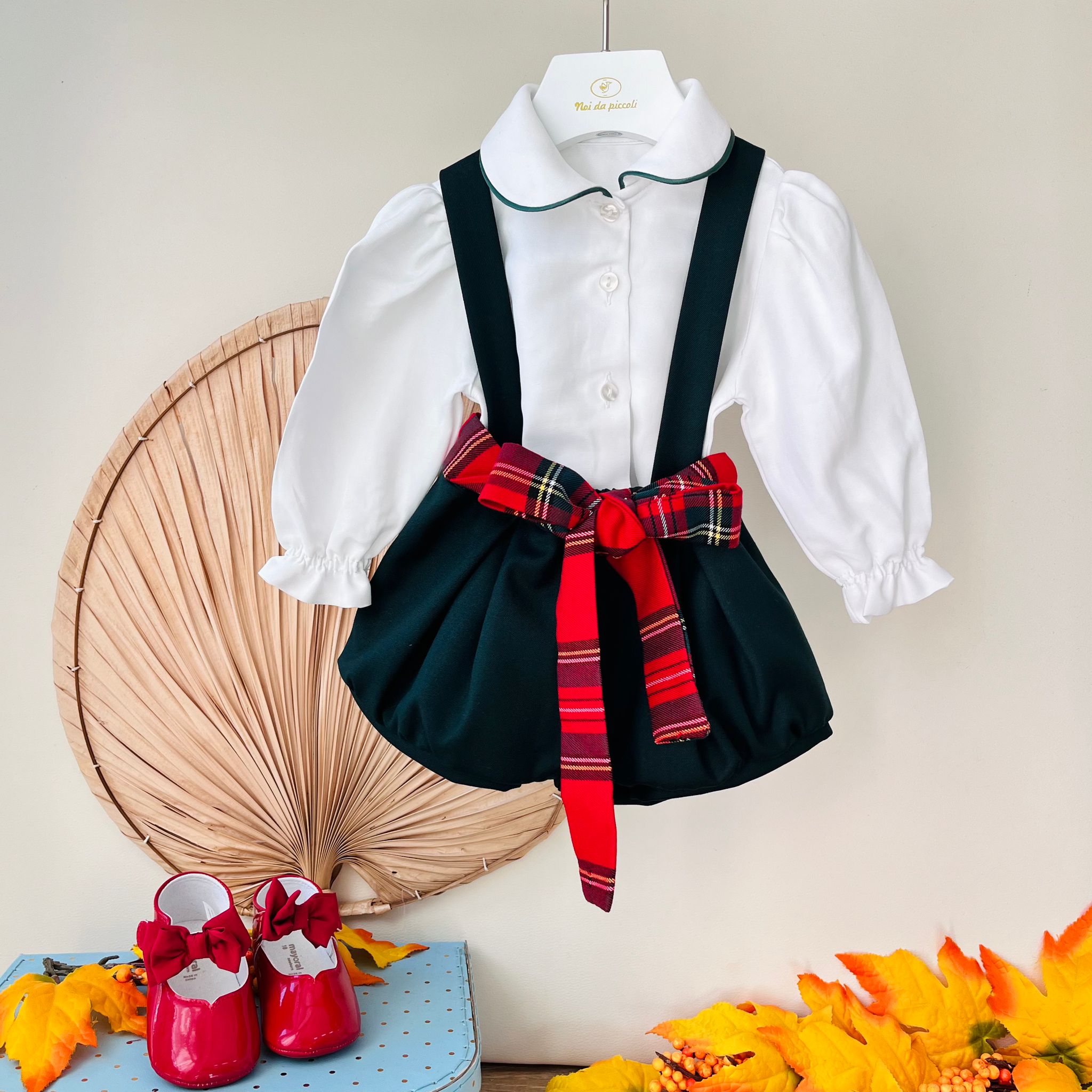 SALOPETTE CON CAMICIA E FASCIA IN VITA TARTAN BIANCO VERDE - Noi da piccoli