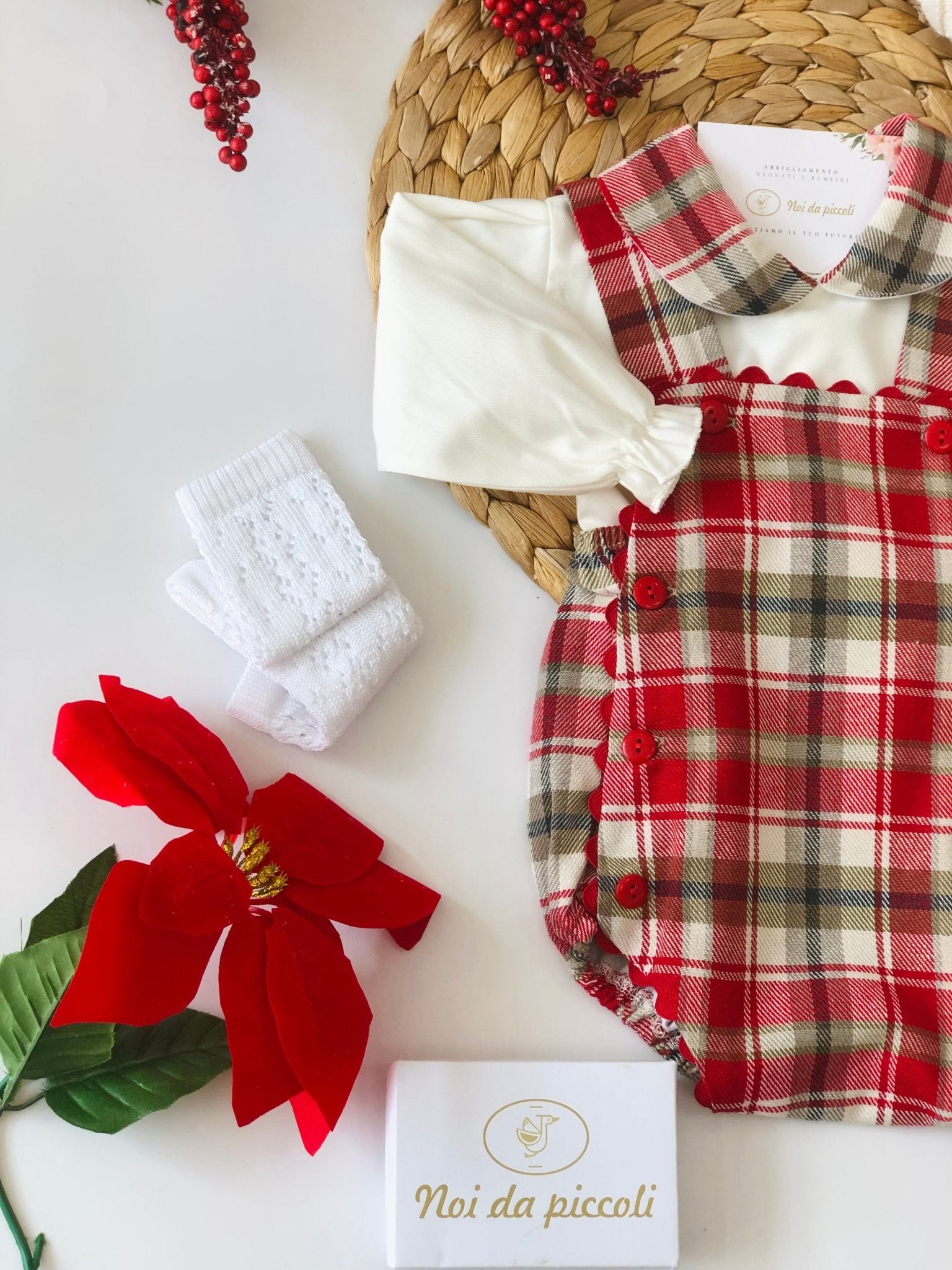 SALOPETTE CON CAMICINA QUADRONI BEIGE E ROSSO - Noi da piccoli