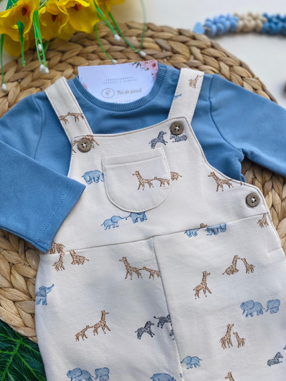 SALOPETTE CON DISEGNINI SAFARI E MAGLIETTINA FILATO CALDO CREMA - Noi da piccoli