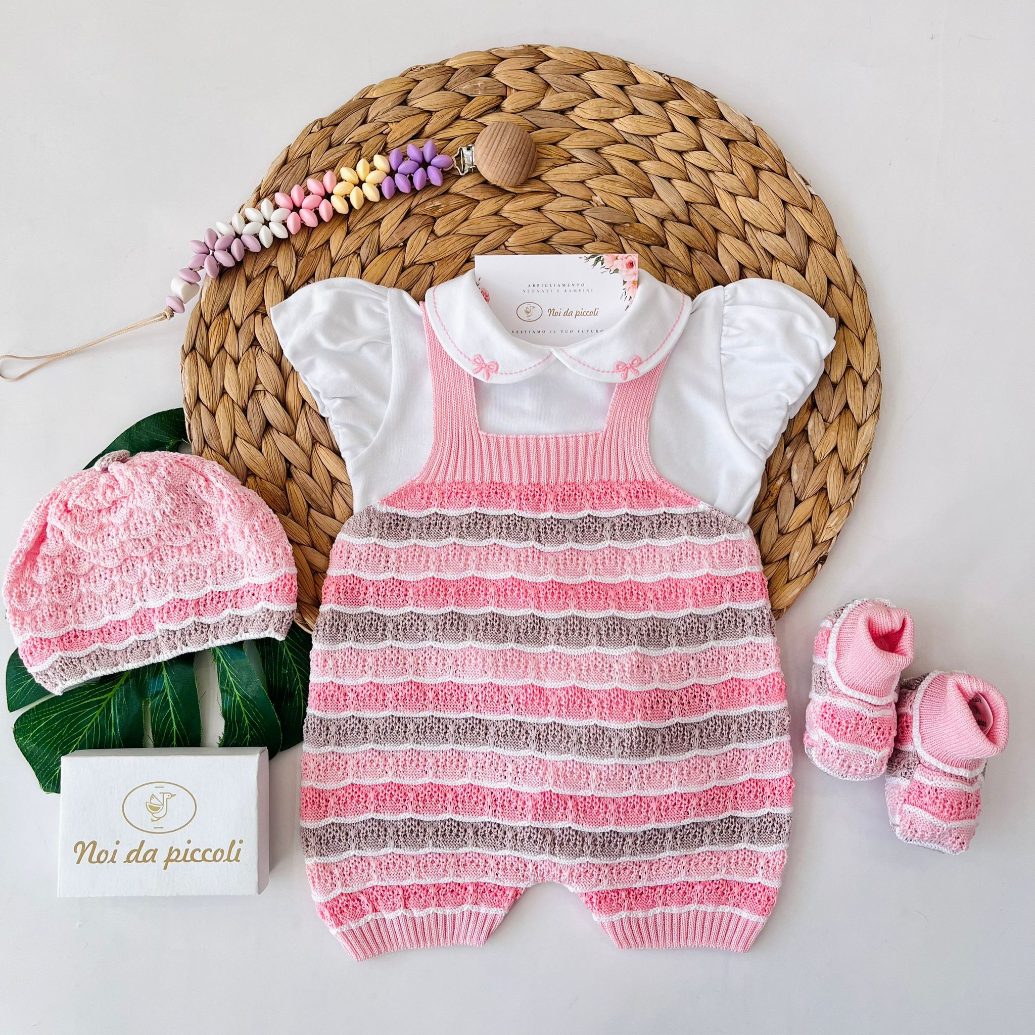 SALOPETTE CON PARURE 100% FILO DI COTONE ROSA MULTICOLOR - Noi da piccoli