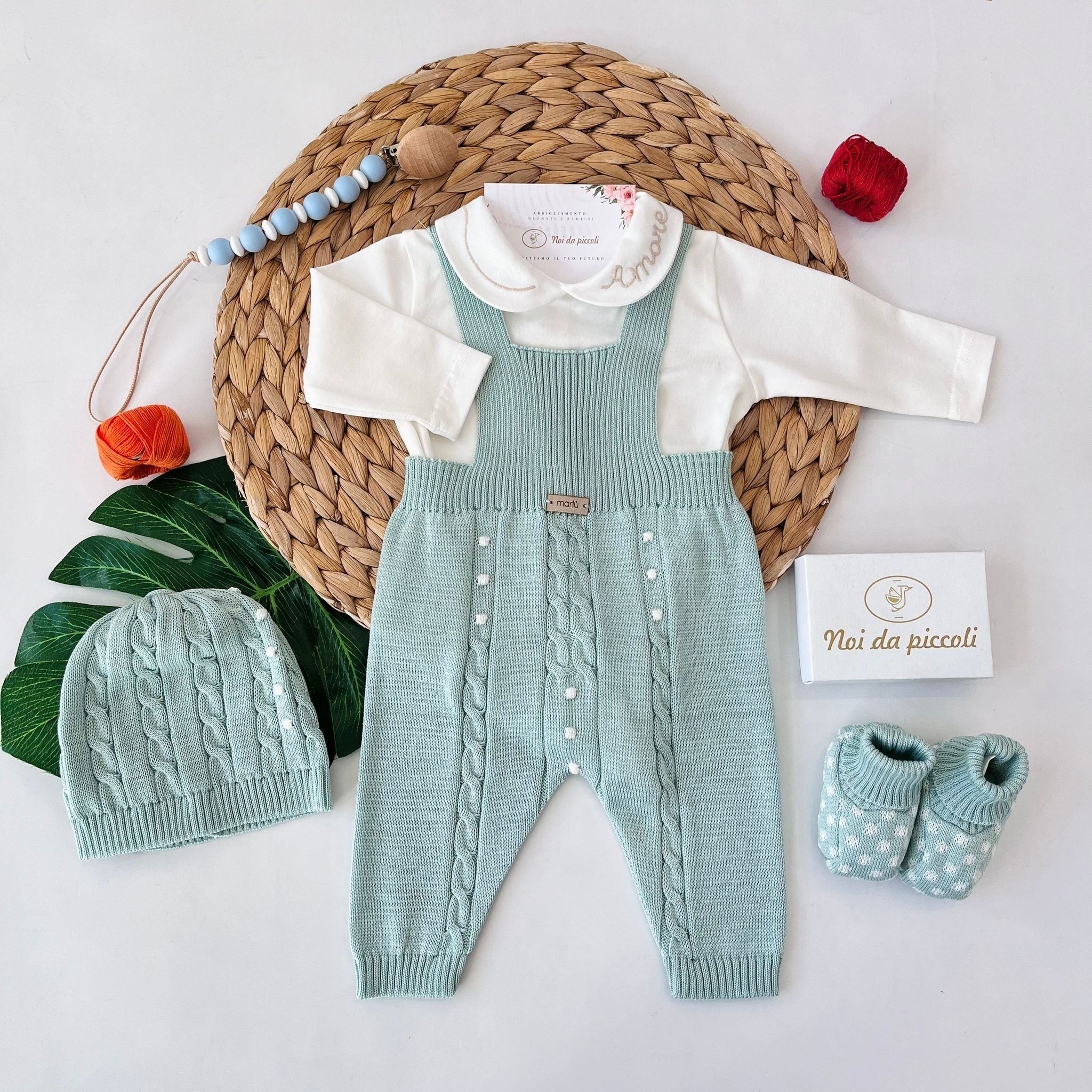 SALOPETTE CON PARURE 100% FILO DI COTONE VANIGLIA VERDE SALVIA - Noi da piccoli
