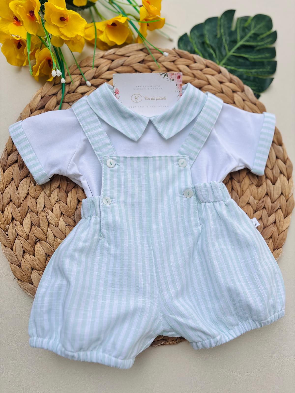 SALOPETTE IN COTONE A RIGHE CON MAGLIETTINA BIANCO VERDE - Noi da piccoli