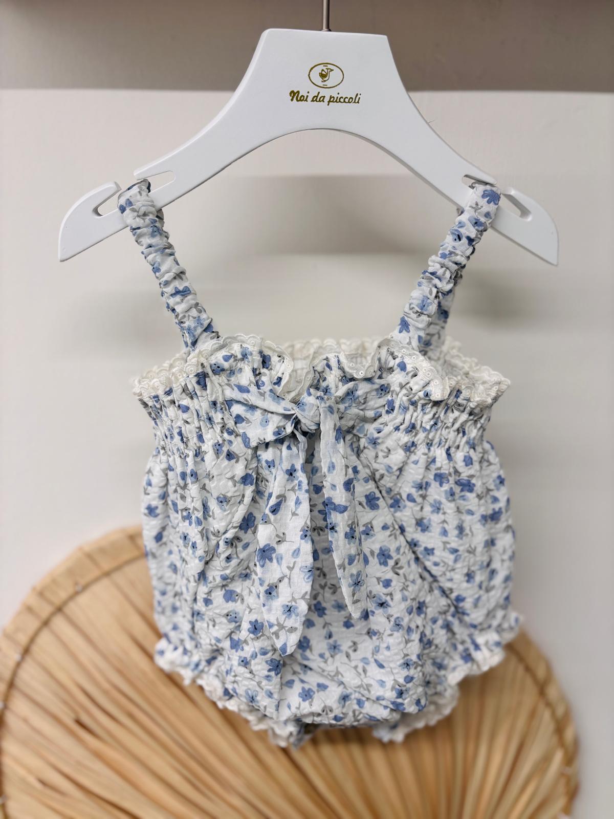 SALOPETTE IN COTONE CON FIORELLINI BIANCO CIELO - Noi da piccoli