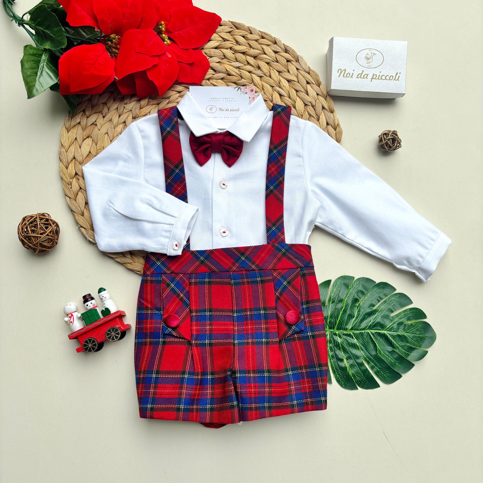 SALOPETTE TARTAN CON CAMICINA E PAPILLON ROJO - Noi da piccoli