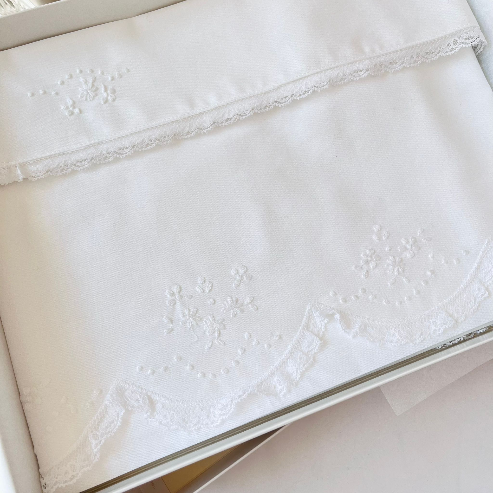 SET LENZUOLA PIZZO FIORI 100 % COTONE BIANCO - Noi da piccoli