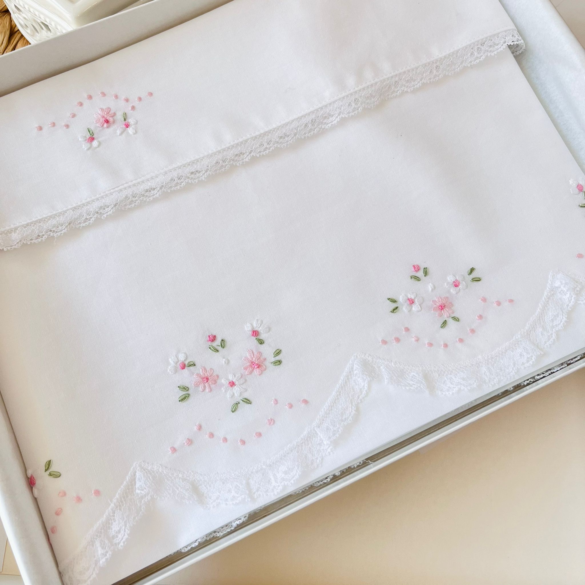 SET LENZUOLA PIZZO FIORI 100 % COTONE ROSA - Noi da piccoli