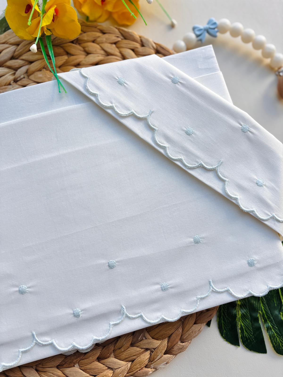 SET LENZUOLO POIS E SMERLO ONDULATO 100 % COTONE BIANCO E CIELO - Noi da piccoli