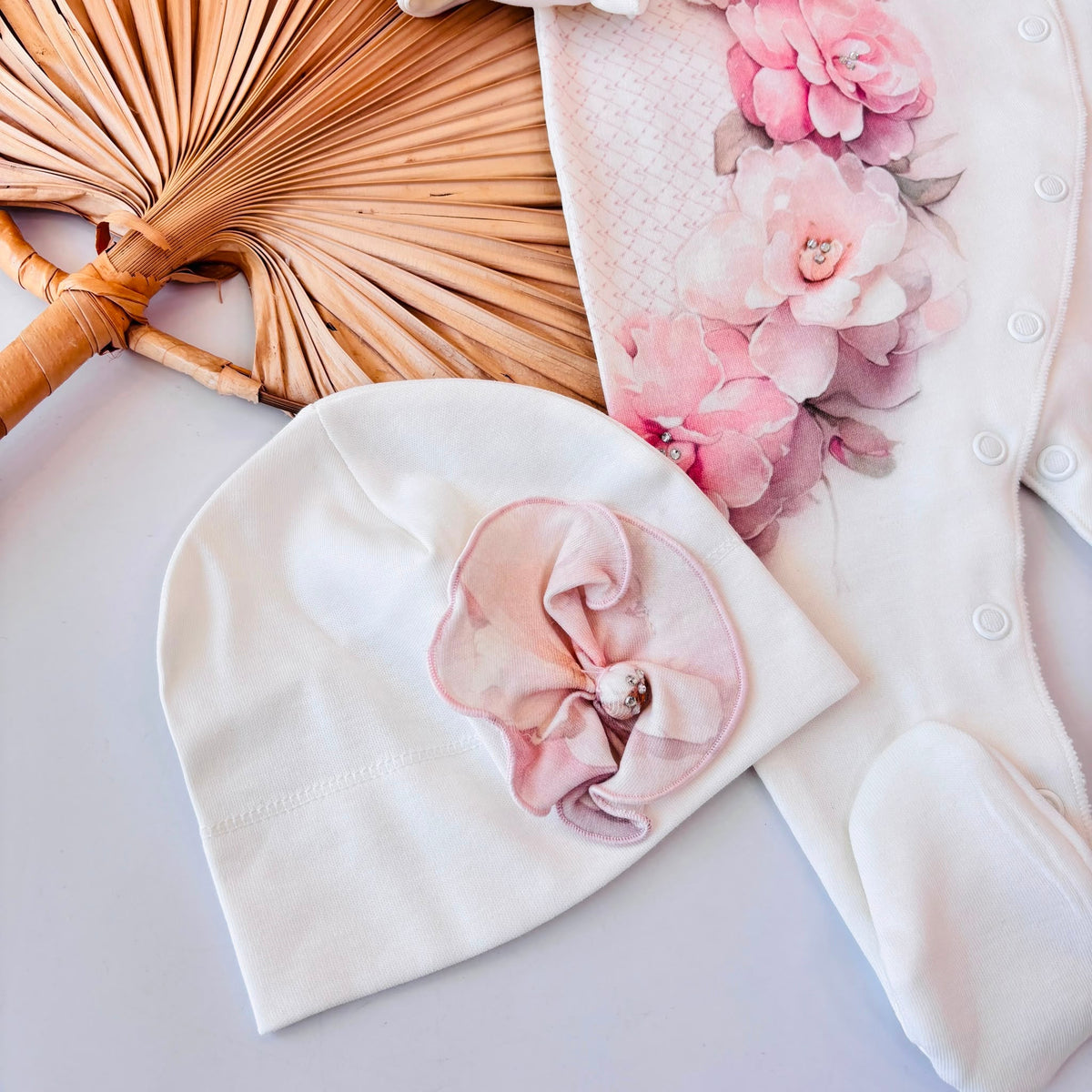 SET NASCITA in cotone caldo con peonia PANNA ROSA - Noi da piccoli