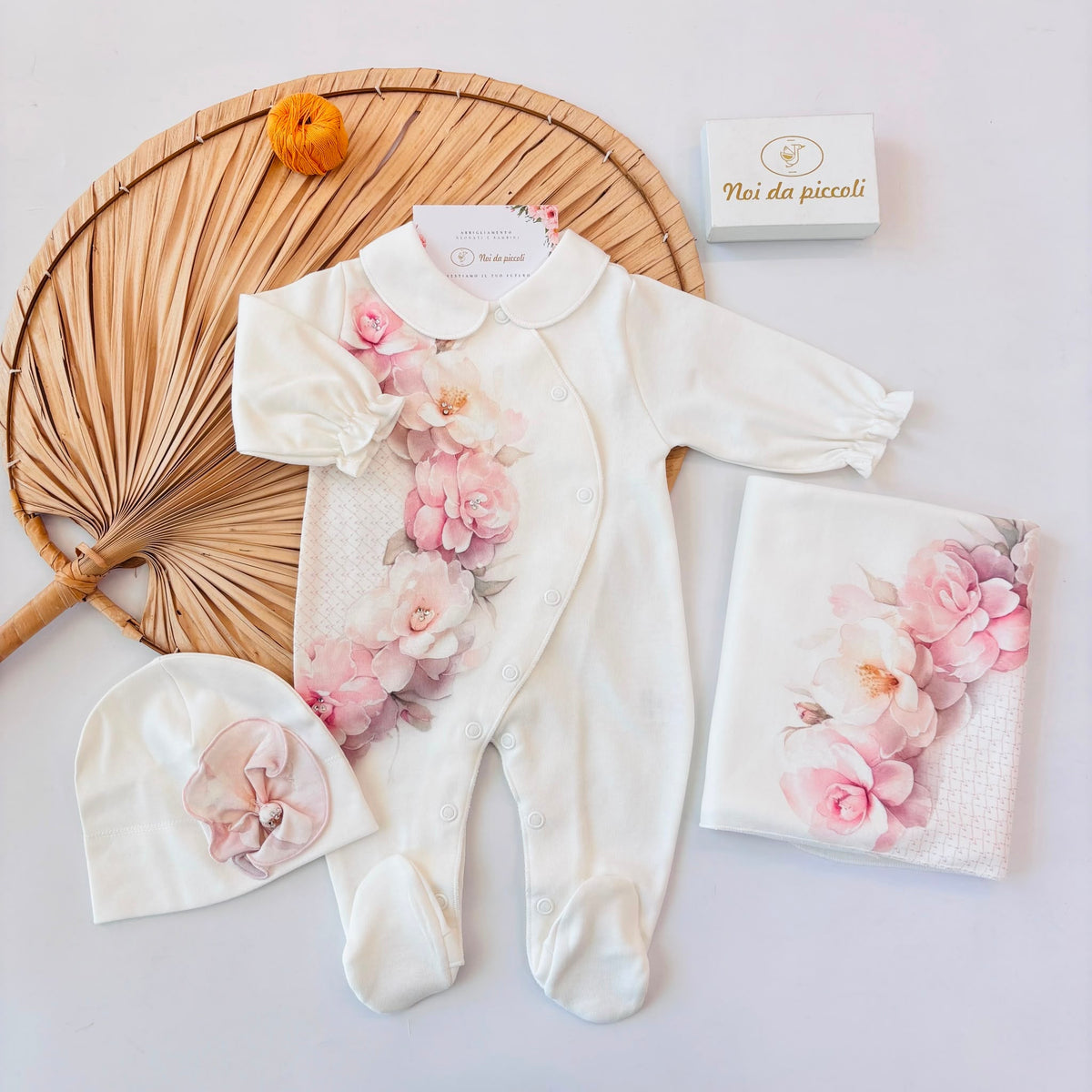 SET NASCITA in cotone caldo con peonia PANNA ROSA - Noi da piccoli