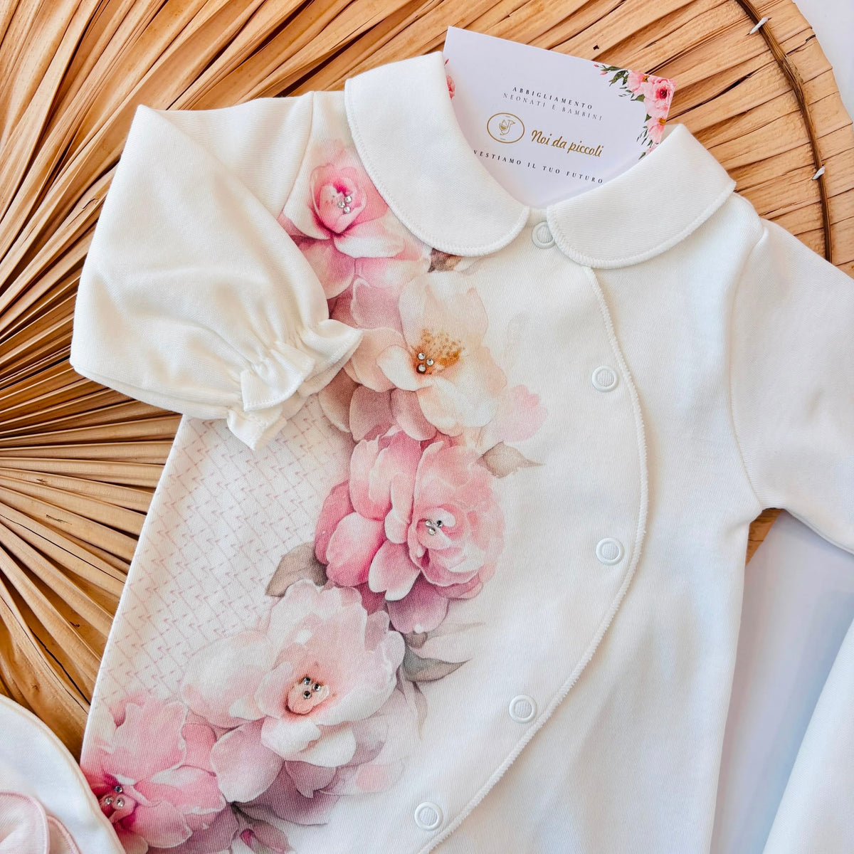 SET NASCITA in cotone caldo con peonia PANNA ROSA - Noi da piccoli