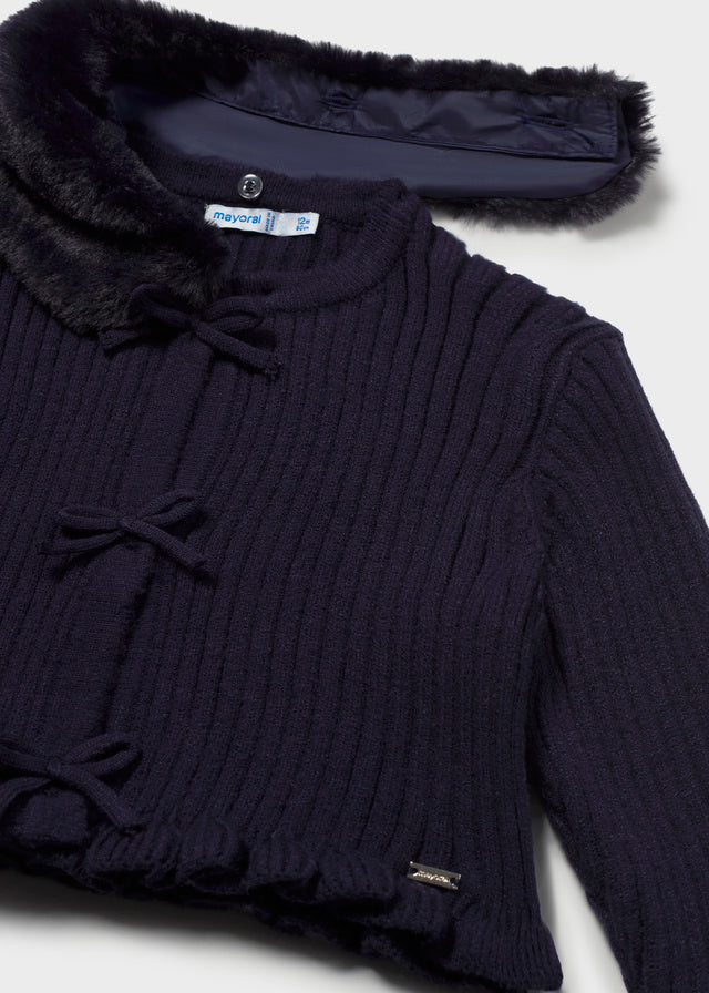 CARDIGAN IN FILATO CALDO MARINO CON COLLETTO IN ECOPELLICCIA
