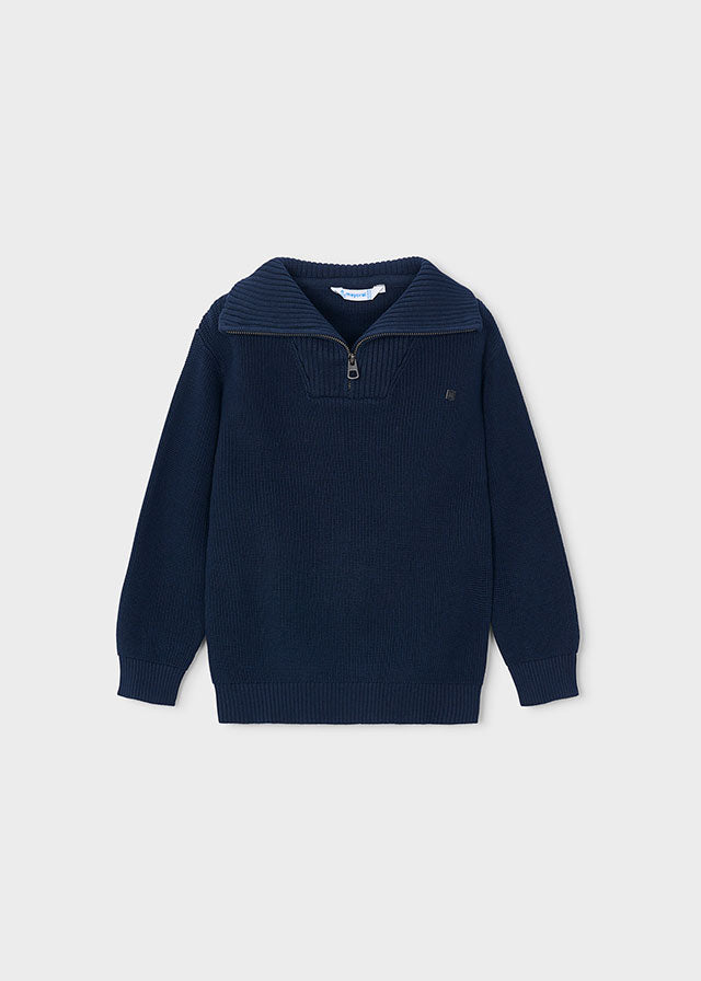 MAGLIONE IN FILATO CALDO BLU CON COLLO RISVOLTABILE