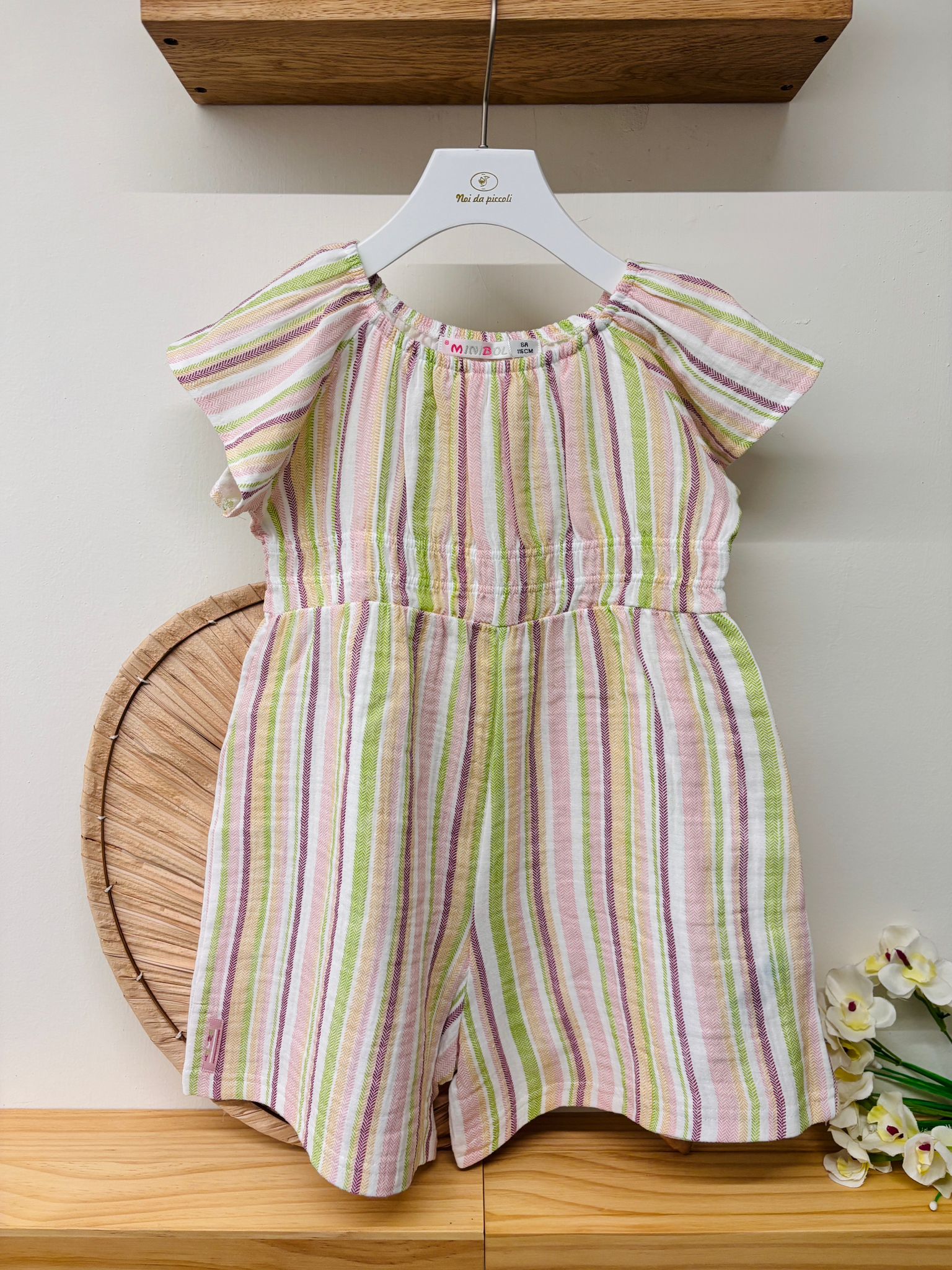 TUTA CORTA IN COTONE A RIGHE ROSA - Noi da piccoli