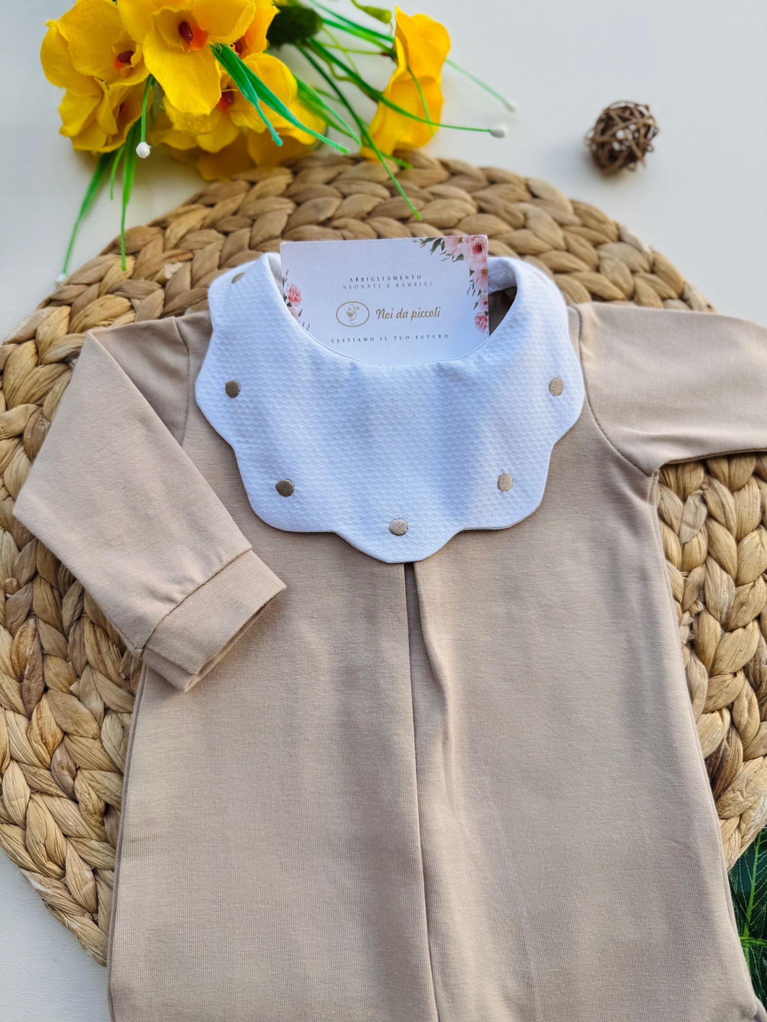 TUTINA 100 % COTONE BEIGE COLLETTO ONDULATO POIS - Noi da piccoli