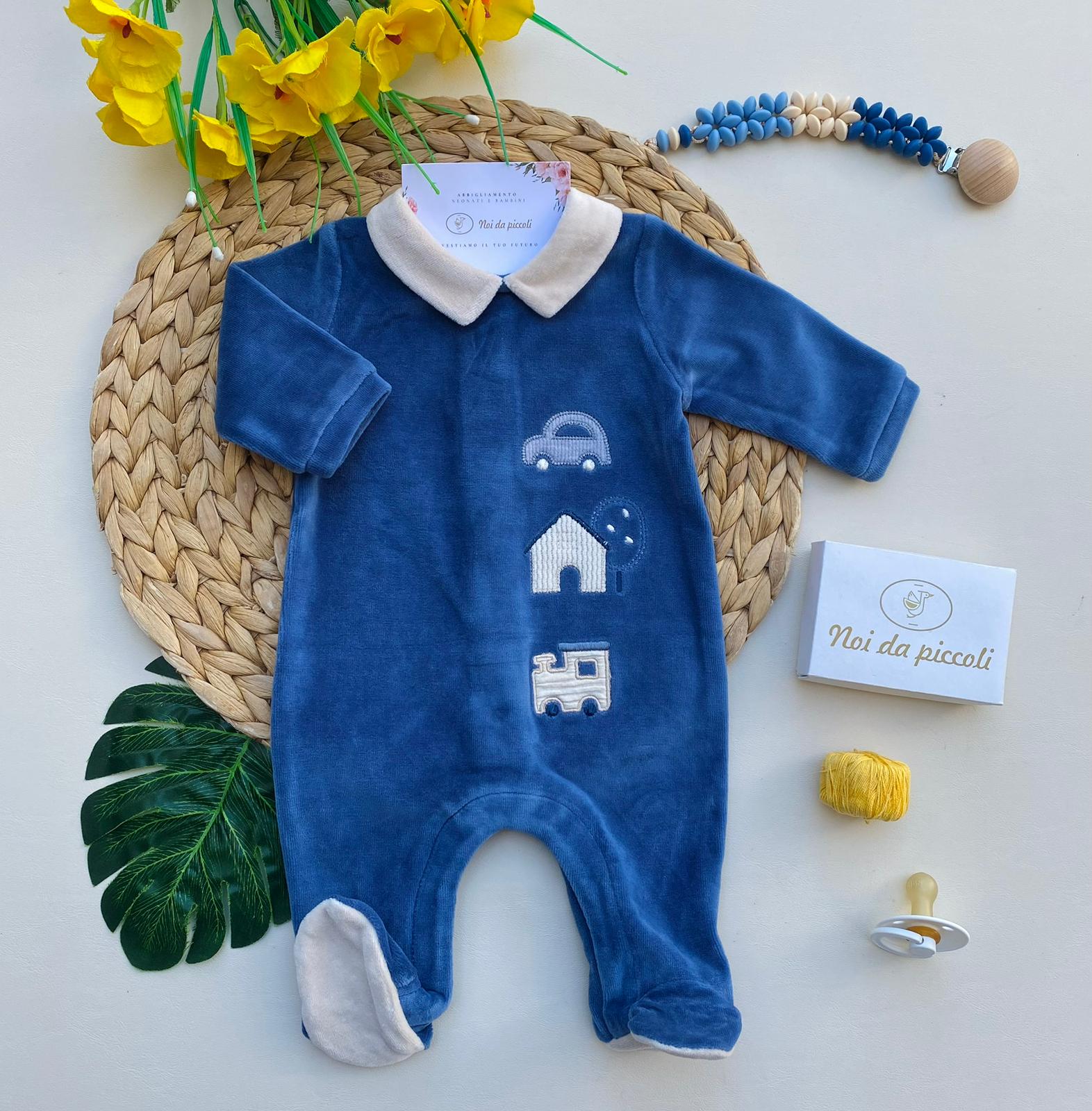 TUTINA CON COLLETTO PANNA E DISEGNINI CINIGLIA BLU - Noi da piccoli