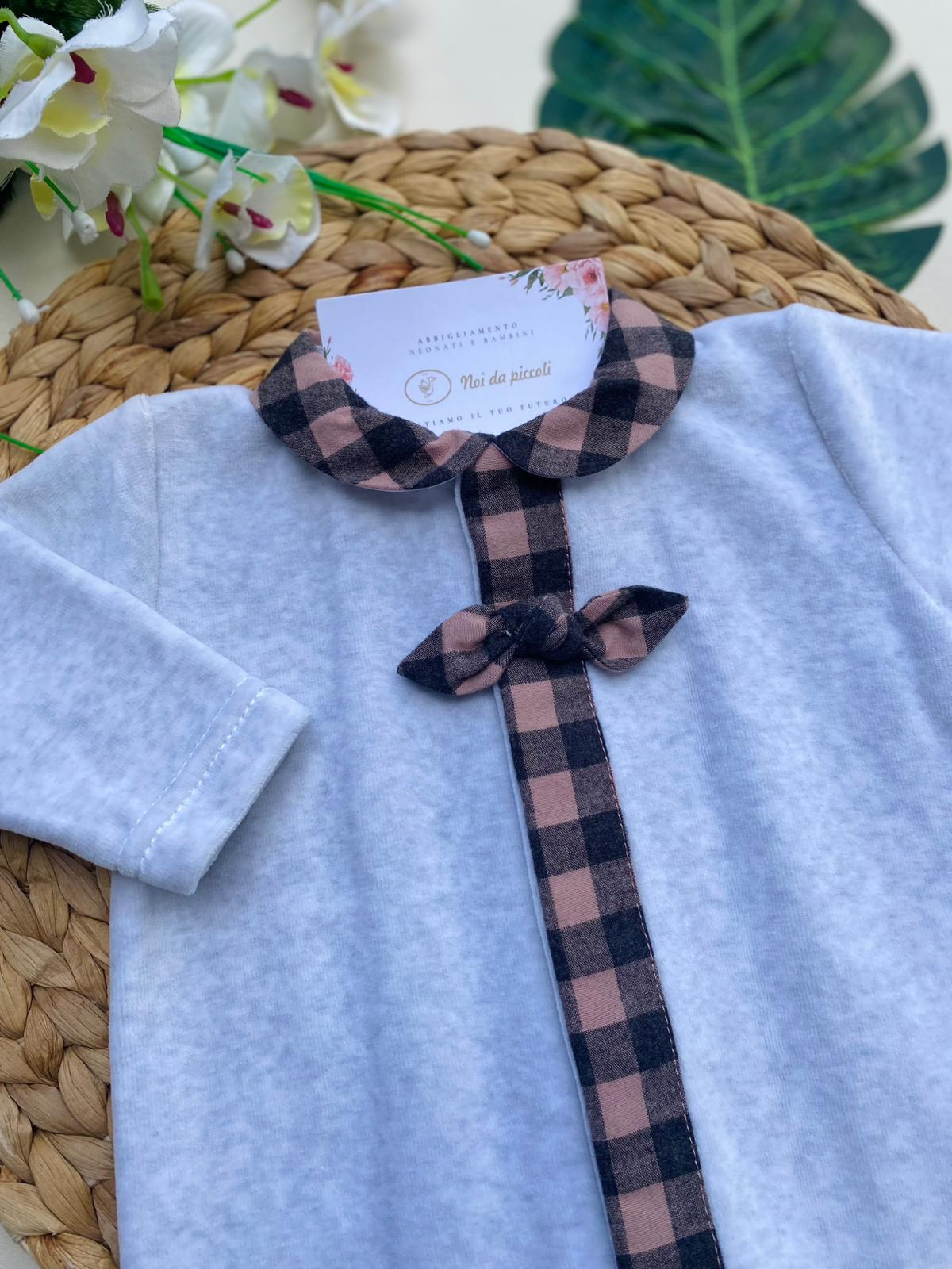 TUTINA CON FASCIA CENTRALE FIOCCHETTO E COLLETTO A QUADRONI CINIGLIA GRIGIO GRIS - Noi da piccoli