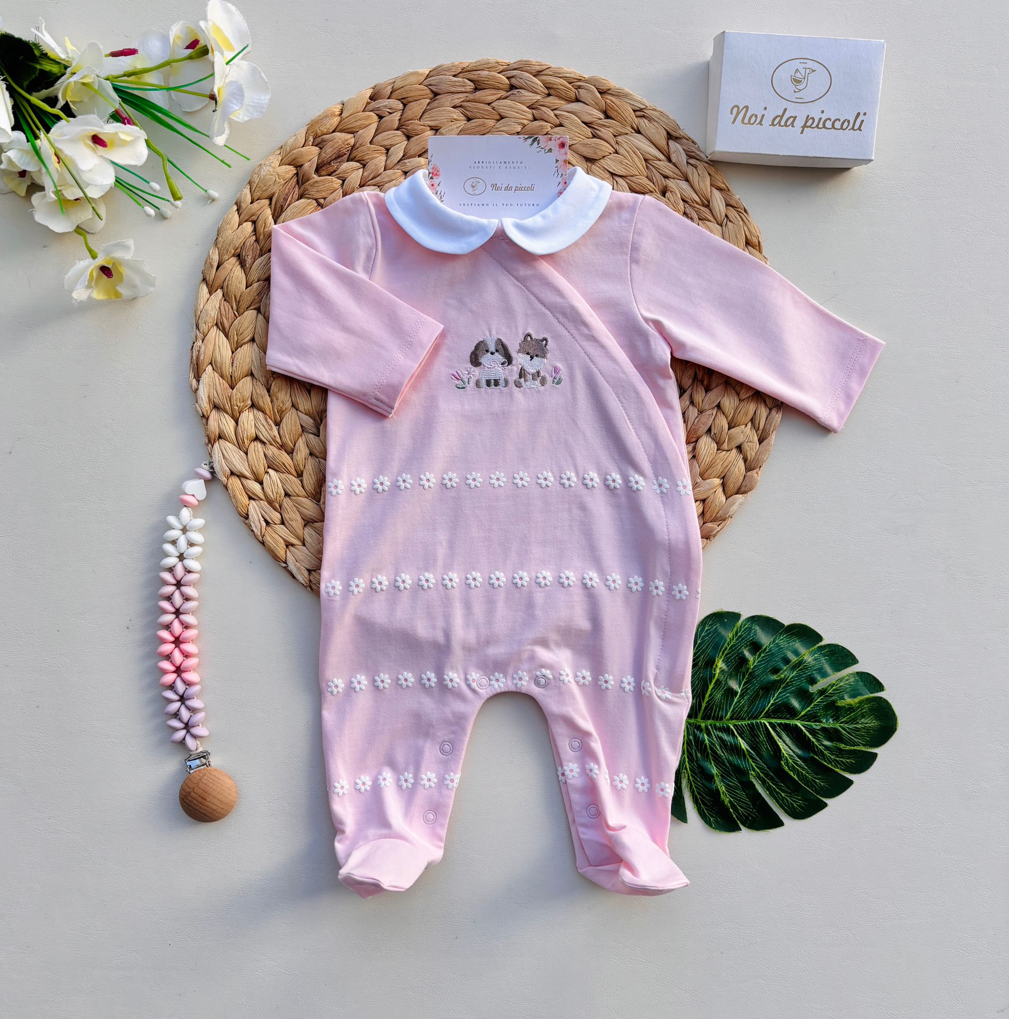 TUTINA CON FIORELLINI E CAGNOLINI COTONE ROSA - Noi da piccoli
