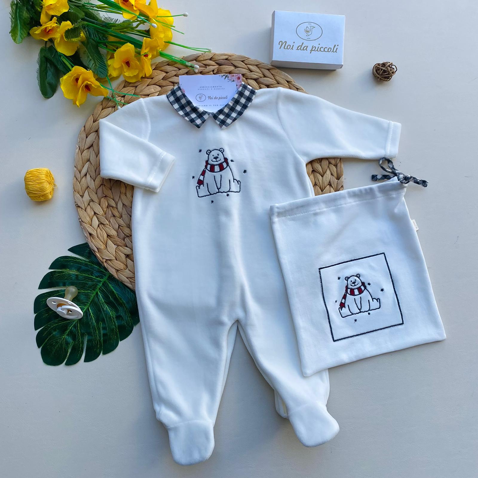 TUTINA CON ORSETTO E COLLETTO A QUADRONI CINIGLIA BIANCO - Noi da piccoli