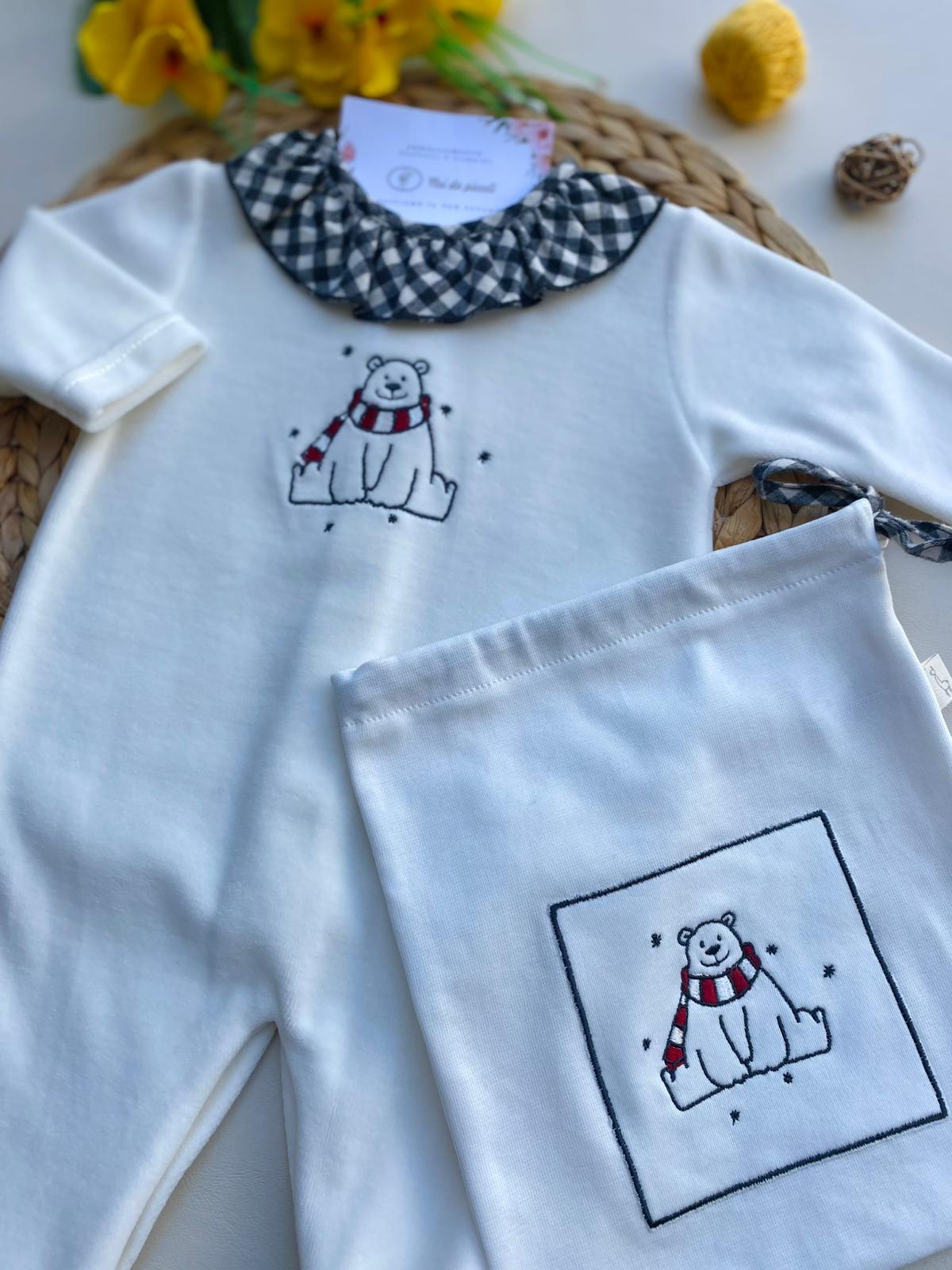 TUTINA CON ORSETTO E COLLETTO A VOILAT A QUADRONI CINIGLIA BIANCO - Noi da piccoli