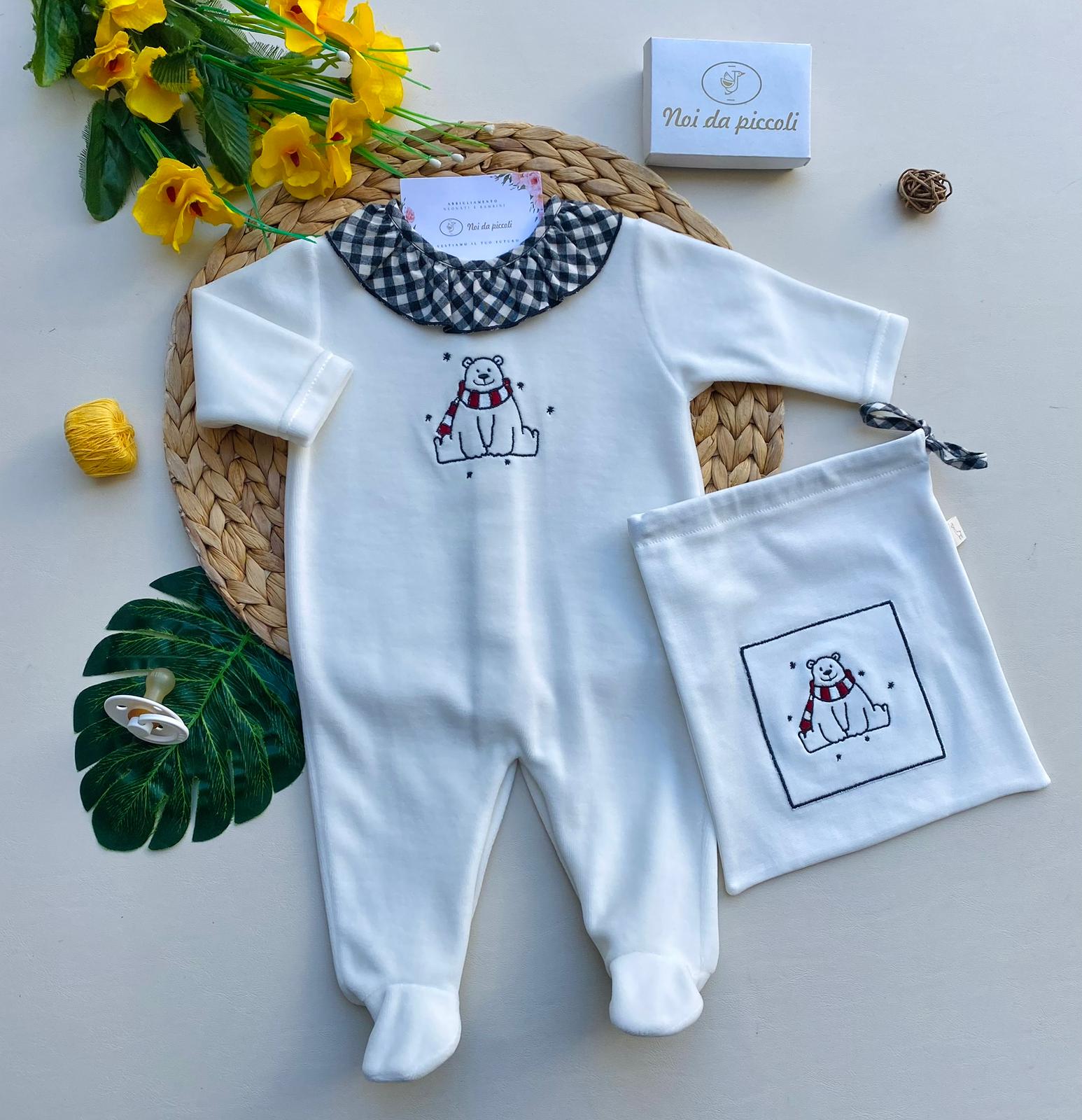 TUTINA CON ORSETTO E COLLETTO A VOILAT A QUADRONI CINIGLIA BIANCO - Noi da piccoli