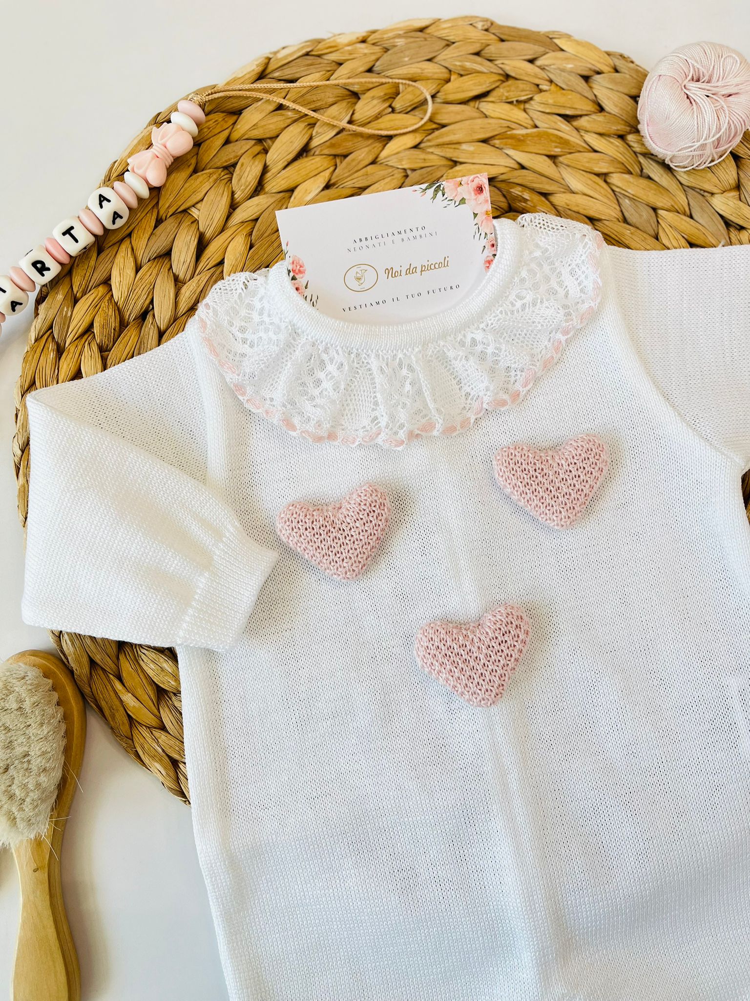 TUTINA CON PARURE 100% FILO DI COTONE BIANCO ROSA CIPRIA - Noi da piccoli