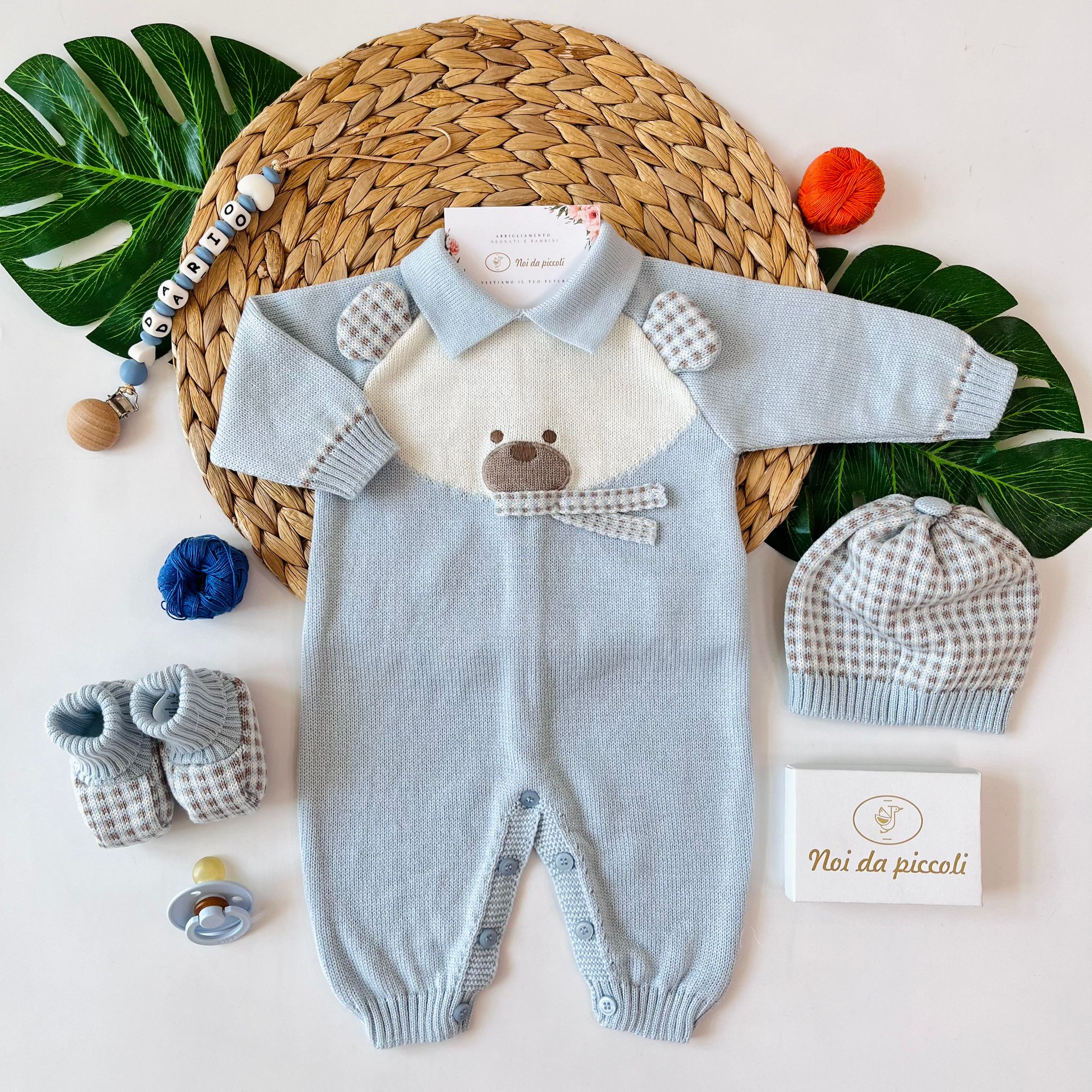 TUTINA CON PARURE 100% LANA CIELO TORTORA VANIGLIA - Noi da piccoli