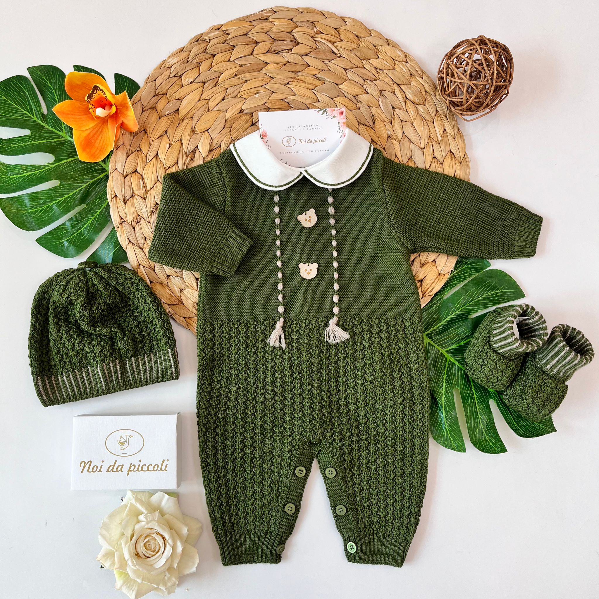 TUTINA CON PARURE 100% LANA VERDE OLIVA TORTORA - Noi da piccoli