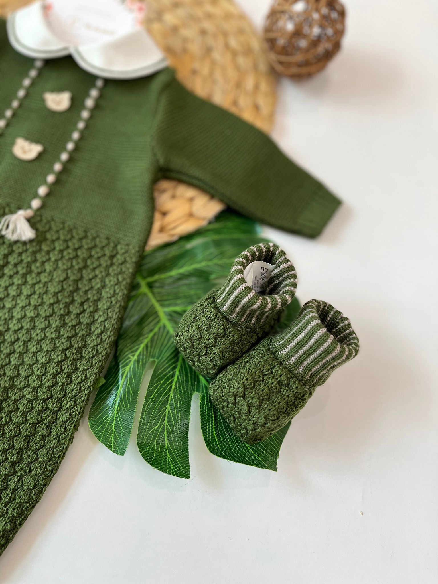 TUTINA CON PARURE 100% LANA VERDE OLIVA TORTORA - Noi da piccoli