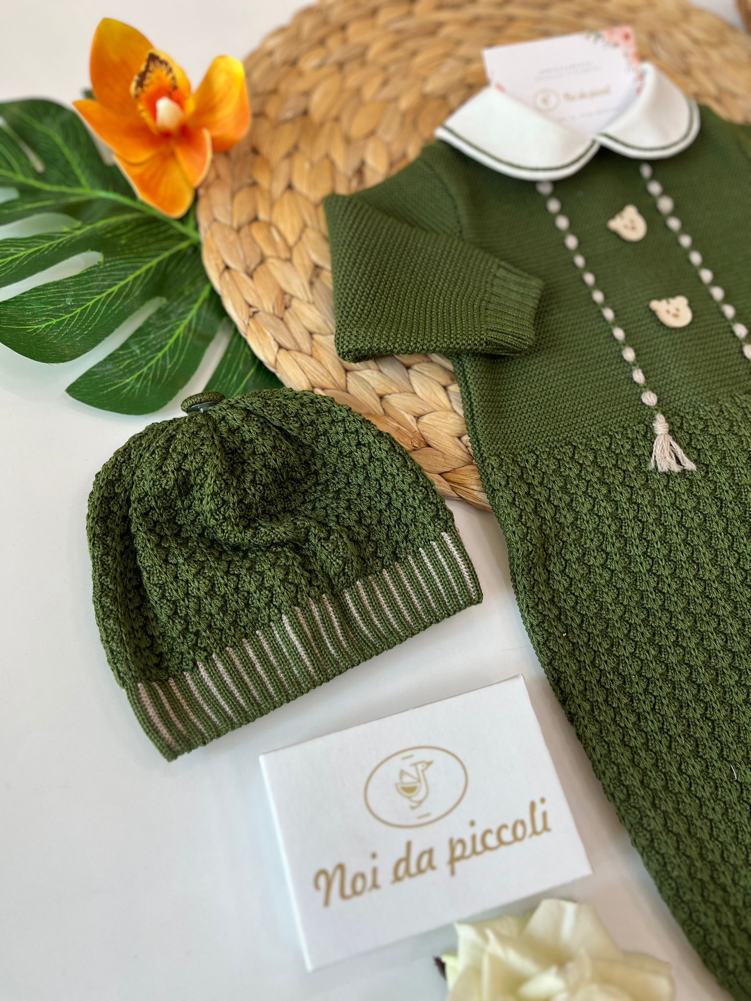 TUTINA CON PARURE 100% LANA VERDE OLIVA TORTORA - Noi da piccoli