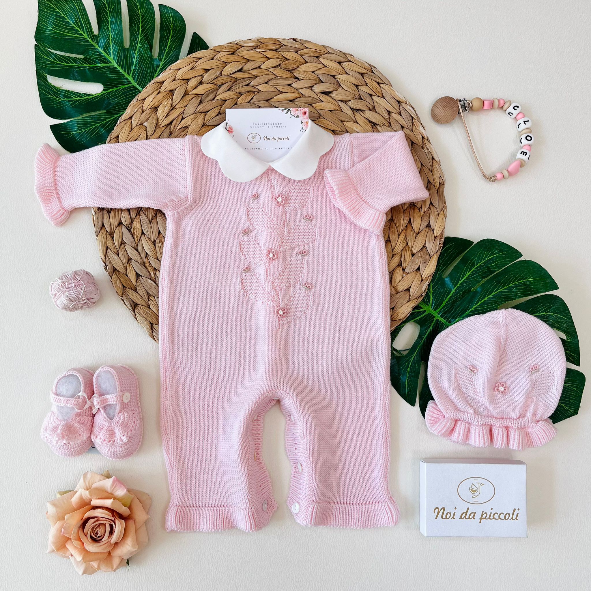 TUTINA CON PARURE TICHE 100% LANA MERINO ROSA - Noi da piccoli