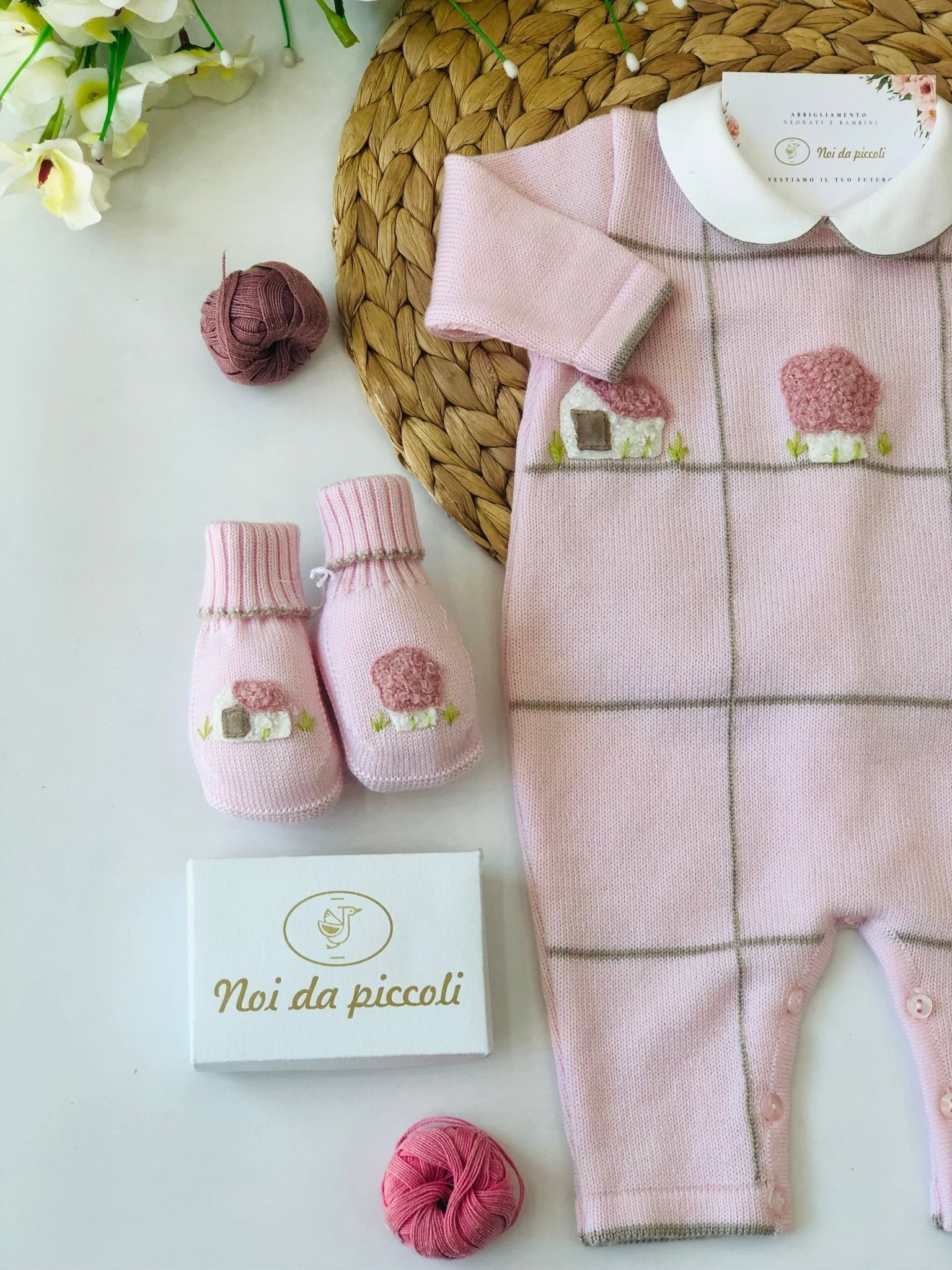 TUTINA CON SET PARURE IN 100% LANA ROSA E TORTORA - Noi da piccoli